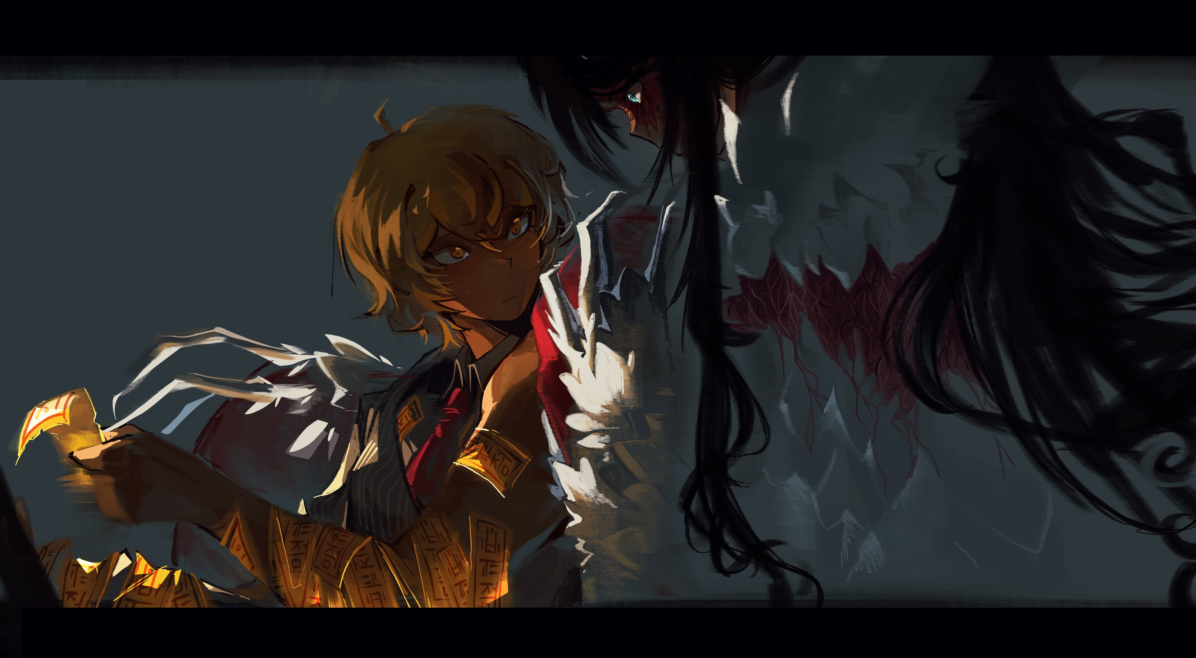 lycanthix, hong lu (project moon), sinclair (project moon), limbus company, project moon, absurdres, highres, 2boys, ahoge, black border, black hair, blonde hair, blue eyes, border, chinese clothes, e.g.o (project moon), fur trim, grey background, hanfu, long hair, looking at another, male focus, multiple boys, necktie, red necktie, red sheet (e.g.o), short hair, simple background, tears of the tarnished blood (e.g.o), technology liberation alliance (identity) (project moon), upper body, white hanfu, yellow eyes