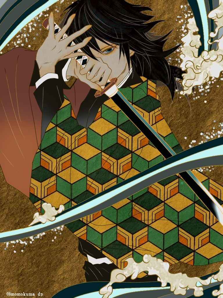 tomioka giyuu, kimetsu no yaiba, 1boy, black hair, black jacket, black pants, blue eyes, demon slayer uniform, half-closed eyes, hands up, haori, holding, holding sword, holding weapon, jacket, japanese clothes, katana, kikkoumon, looking at viewer, low ponytail, male focus, momokuma dp, pants, ponytail, print haori, red haori, solo, spiked hair, sword, water, weapon