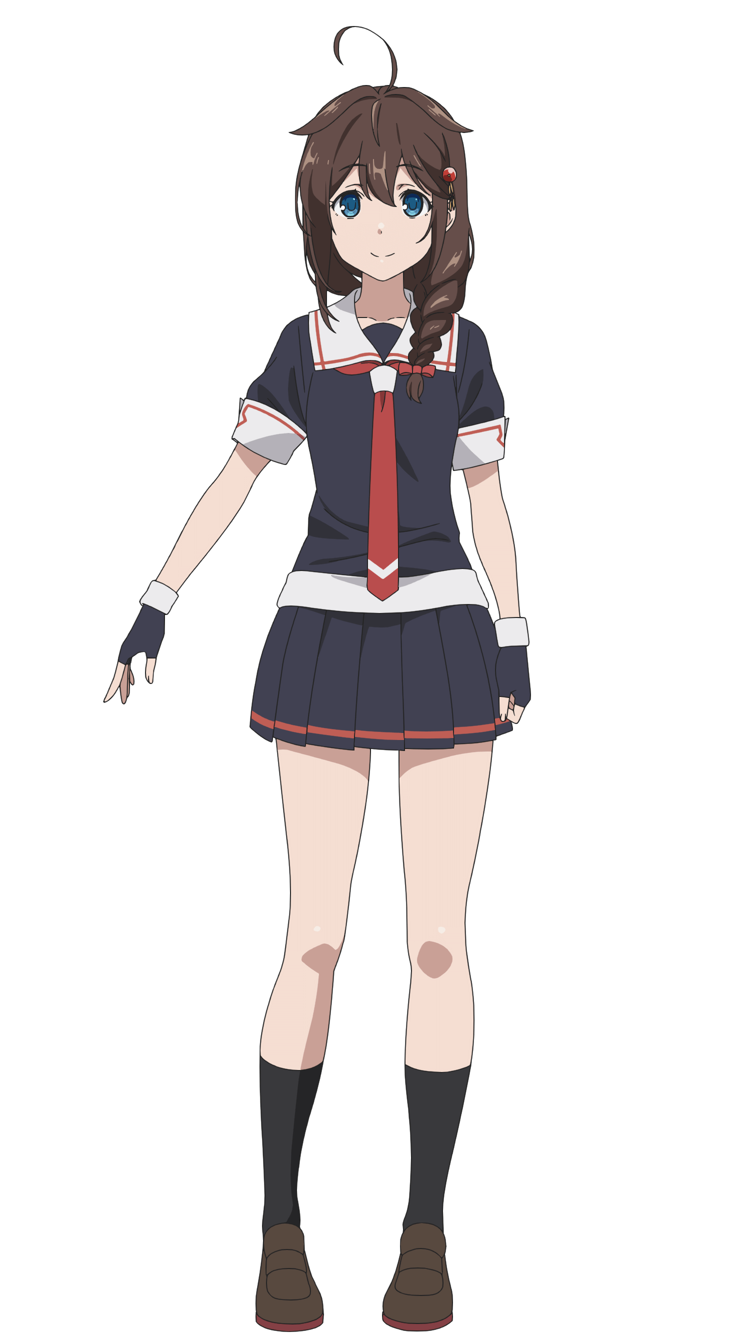 noumi chika, shigure (kancolle), kantai collection, kantai collection (anime), absurdres, highres, official art, 1girl, ahoge, anime coloring, aqua eyes, black gloves, black shirt, black skirt, black socks, braid, braided ponytail, breasts, brown hair, brown shoes, clenched hand, closed mouth, fingerless gloves, full body, gloves, hair between eyes, hair ornament, hair ribbon, hairclip, loafers, long hair, looking at viewer, medium breasts, miniskirt, neckerchief, open hand, outstretched arm, pleated skirt, red neckerchief, red ribbon, ribbon, sailor collar, sailor shirt, school uniform, serafuku, shirt, shoes, short hair, short sleeves, simple background, skirt, socks, solo, standing, thighs, transparent background