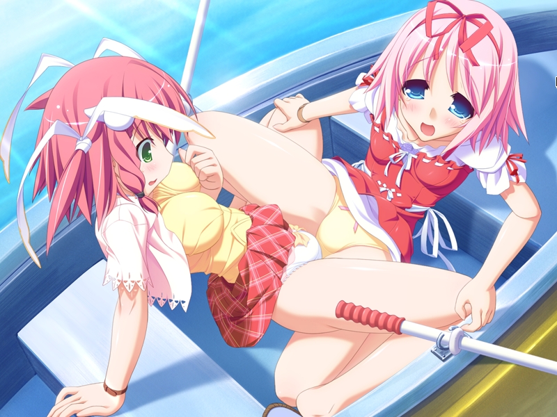 mizuki maru, aikawa hinae, mitsusawa yuzuki, thirua panic, game cg, 2girls, blue eyes, boat, clothed sex, clothes lift, female focus, green eyes, legs, multiple girls, open mouth, outdoors, panties, pink hair, red skirt, shiny skin, sitting, skirt, skirt lift, tears, torogao, tribadism, two side up, underwear, watercraft, white panties, yellow panties, yuri