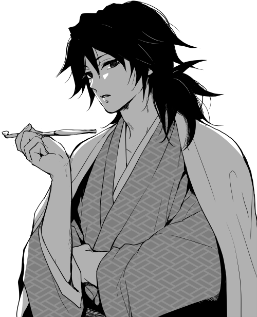 sinba (ying-hua), tomioka giyuu, kimetsu no yaiba, 1boy, alternate costume, black eyes, black hair, collarbone, empty eyes, hair between eyes, hand up, haori, holding, japanese clothes, kimono, long hair, looking at viewer, low ponytail, male focus, parted lips, ponytail, simple background, solo, spiked hair, teeth, upper body, white background