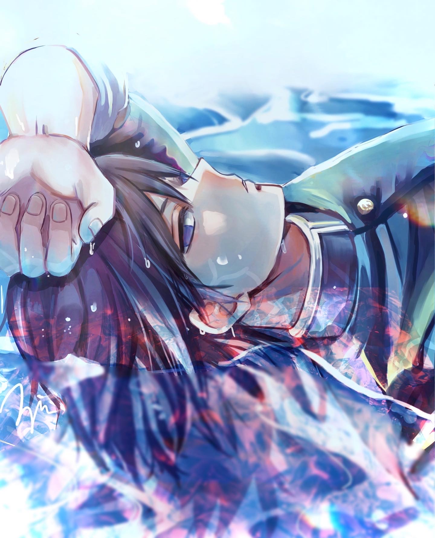 zir link, tomioka giyuu, kimetsu no yaiba, highres, 1boy, black hair, black jacket, blue eyes, buttons, demon slayer uniform, empty eyes, hand up, jacket, looking at viewer, lying, male focus, ocean, on back, parted lips, solo, spiked hair, teeth, water, wet