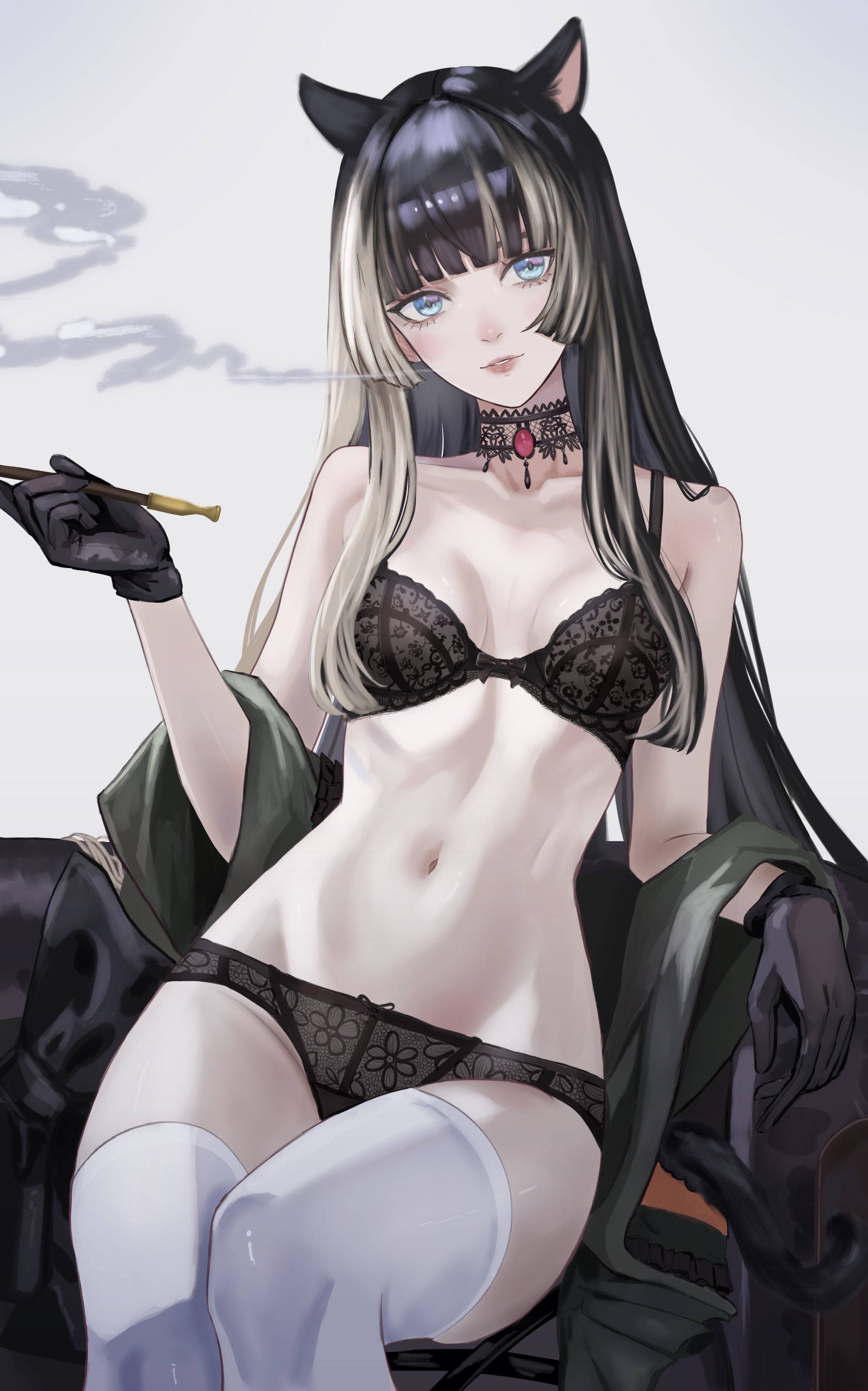 dhbwinner, juufuutei raden, hololive, hololive dev is, absurdres, commentary request, highres, 1girl, animal ears, black bra, black choker, black hair, black panties, blue eyes, blunt bangs, bra, breasts, breasts apart, cat ears, choker, collarbone, gloves, grey background, grey hair, hime cut, holding, holding smoking pipe, lace, lace-trimmed bra, lace-trimmed panties, lace choker, lace trim, lingerie, long hair, looking at viewer, medium breasts, multicolored hair, navel, panties, parted lips, simple background, sitting, smoke, smoking pipe, solo, stomach, straight hair, streaked hair, thighhighs, two-tone hair, underwear, underwear only, very long hair, virtual youtuber, white thighhighs
