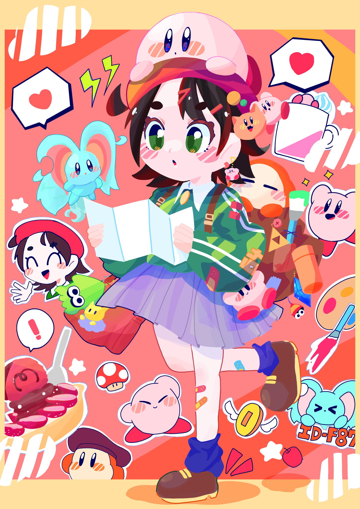 omame sakana, adeleine, elfilin, kirby, pupa (kirby), scarfy, waddle dee, zoos (kirby), kirby (series), nintendo, highres, 1girl, apple, backpack, bag, beret, black hair, black socks, brown shoes, charm (object), closed eyes, food, fruit, green eyes, grey skirt, hat, heart, inkling, paint palette, paintbrush, pink background, red hat, shoes, skirt, socks, super mushroom, triforce