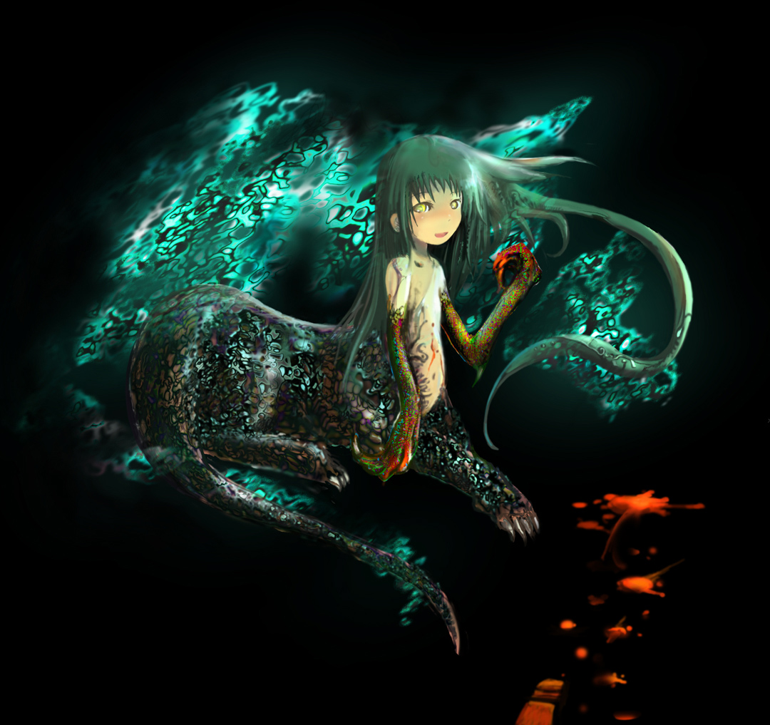 seirei, seirei (mimi toka), original, 1girl, blood, centauroid, green hair, long hair, monster, monster girl, taur, yellow eyes