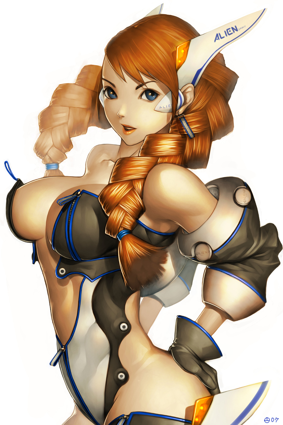 alien1452, highres, non-web source, 1girl, bare shoulders, blue eyes, boots, braid, breasts, cleavage, detached sleeves, female focus, full-length zipper, gloves, hands on own hips, orange hair, robot ears, science fiction, solo, thigh boots, thighhighs, twin braids, zipper