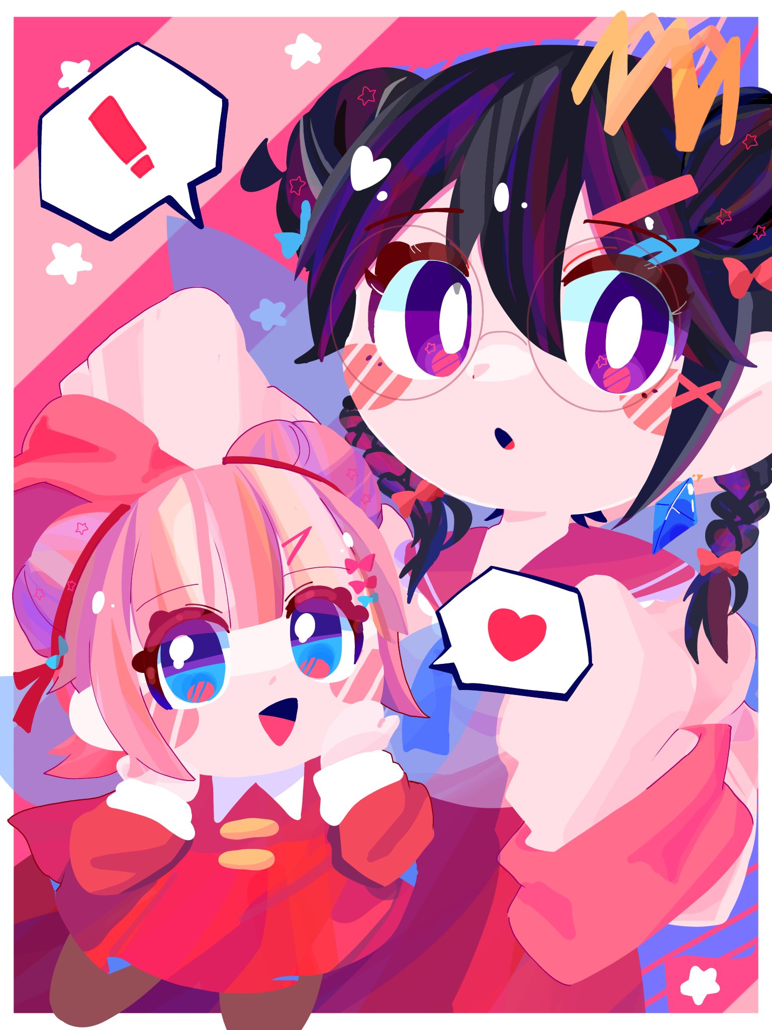 omame sakana, ribbon (kirby), ripple star queen, kirby (series), kirby 64, nintendo, highres, !, 2girls, black hair, blue eyes, braid, crown, double bun, dress, fairy, fairy wings, hair bun, hair ornament, hairclip, low twin braids, multiple girls, pink hair, purple eyes, red dress, sleeves past fingers, sleeves past wrists, twin braids, wings