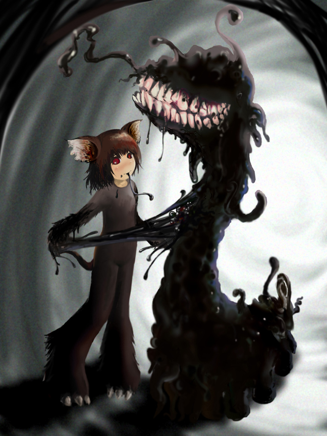 seirei, seirei (mimi toka), formless spawn, tsathoggua, cthulhu mythos, 1girl, animal ears, brown hair, cat ears, eating, monster, personification, slime (substance)