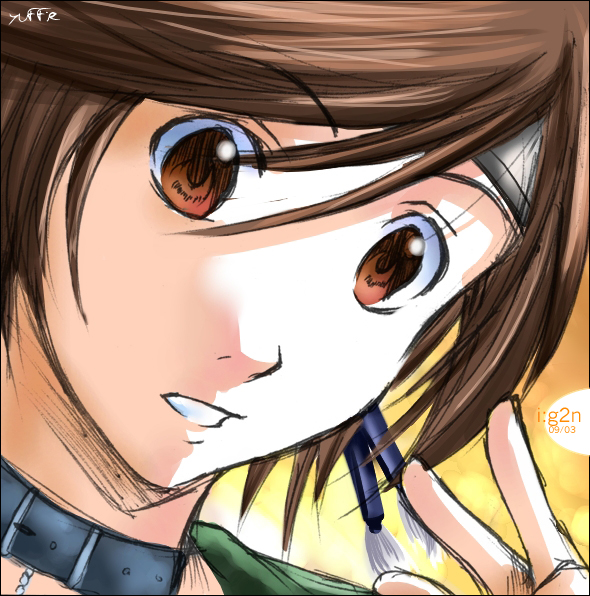 yuffie kisaragi, final fantasy, final fantasy vii, eyebrows, 1990s (style), 1girl, :o, brown eyes, brown hair, buckle, close-up, collar, dutch angle, female focus, headband, parted lips, portrait, retro artstyle, smile, solo, teeth, upper body