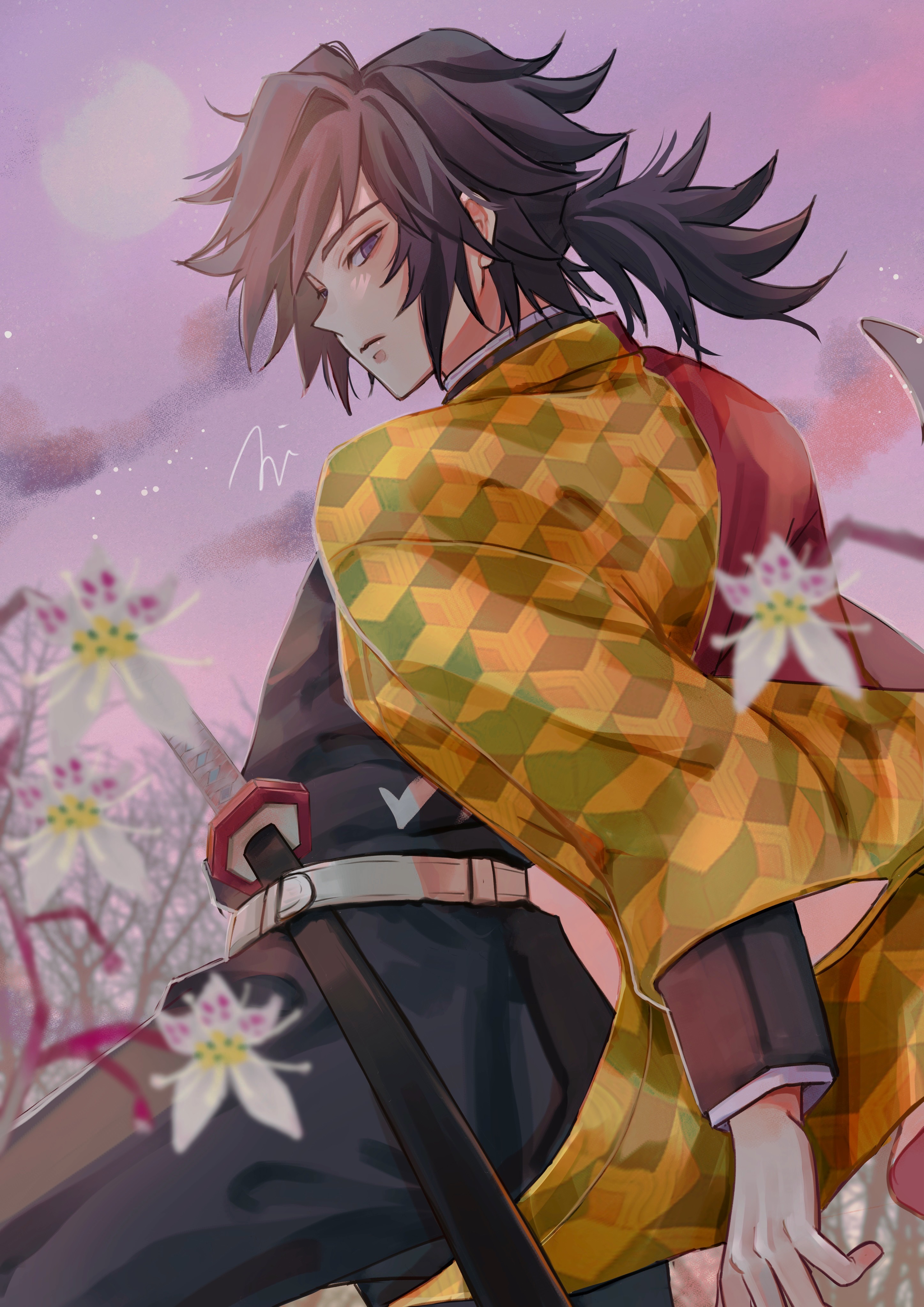 zir link, tomioka giyuu, kimetsu no yaiba, absurdres, highres, 1boy, belt, black hair, black jacket, black pants, blue eyes, buttons, closed mouth, demon slayer uniform, flower, half-closed eyes, haori, jacket, japanese clothes, katana, kikkoumon, looking at viewer, low ponytail, male focus, outdoors, pants, ponytail, print haori, red haori, sheath, sheathed, solo, spiked hair, sword, weapon, white belt, white flower