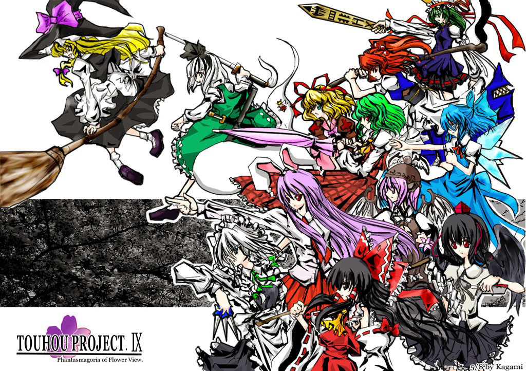 cirno, hakurei reimu, izayoi sakuya, kazami yuuka, kirisame marisa, konpaku youmu, medicine melancholy, mystia lorelei, onozuka komachi, reisen udongein inaba, shameimaru aya, shiki eiki, su-san, before crisis final fantasy vii, final fantasy, final fantasy vii, touhou, 6+girls, animal ears, broom, dress, female focus, gohei, hat, katana, multiple girls, opposing sides, parody, pointing, rabbit ears, rod of remorse, scythe, skirt, sword, umbrella, weapon, white background