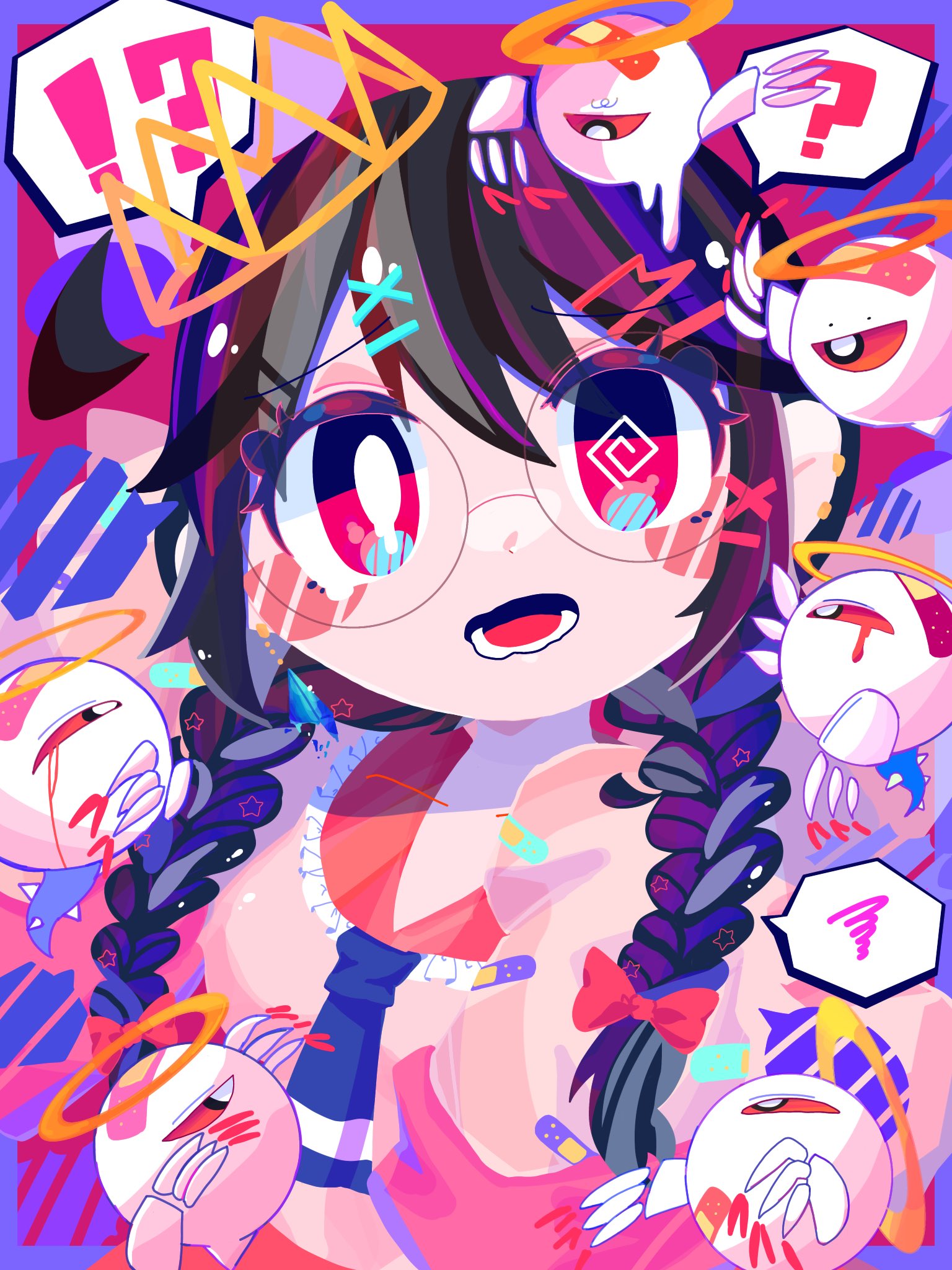omame sakana, ripple star queen, zero two (kirby), kirby (series), kirby 64, nintendo, highres, !?, 1girl, bandaid, black hair, bow, braid, crown, glasses, hair bow, halo, long hair, looking at viewer, low twin braids, one-eyed, red bow, red eyes, twin braids