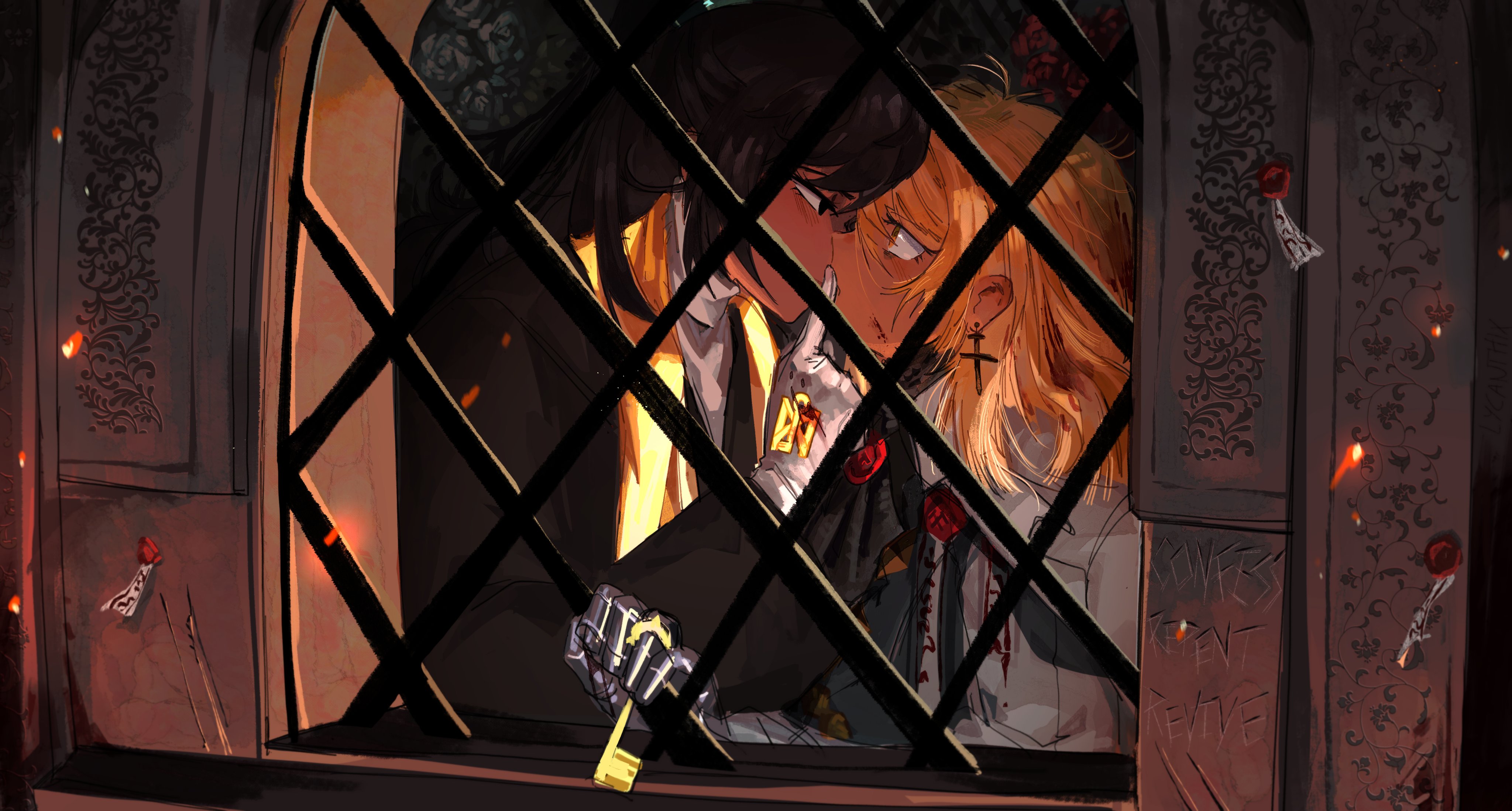 lycanthix, hong lu (project moon), sinclair (project moon), limbus company, project moon, absurdres, highres, 2boys, alternate hair length, alternate hairstyle, black coat, black eyes, black hair, blonde hair, blood, blood on face, coat, dieci association south uniform, earrings, embers, gauntlets, gloves, indoors, jewelry, key, kiss, long hair, long sleeves, looking at another, male focus, medium hair, multiple boys, n corp. fanatic (identity) (project moon), shirt, upper body, wax seal, white gloves, white shirt, window, yaoi, yellow eyes, yellow stole