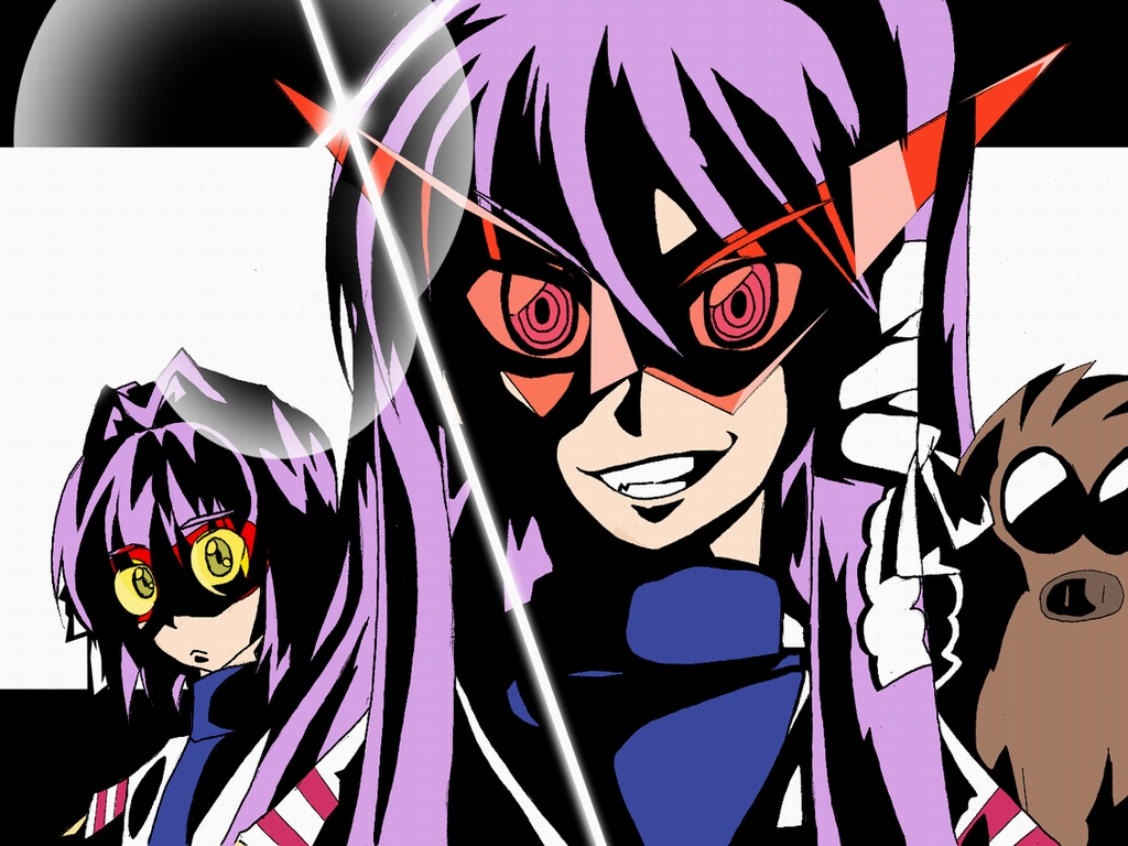 dos (james30226), botan (clannad), fujibayashi kyou, fujibayashi ryou, clannad, tengen toppa gurren lagann, 2girls, cosplay, hair intakes, kamina shades, long hair, multiple girls, parody, purple hair, school uniform, serafuku, short hair, siblings, sisters, style parody, sunglasses, triangular eyewear, twins