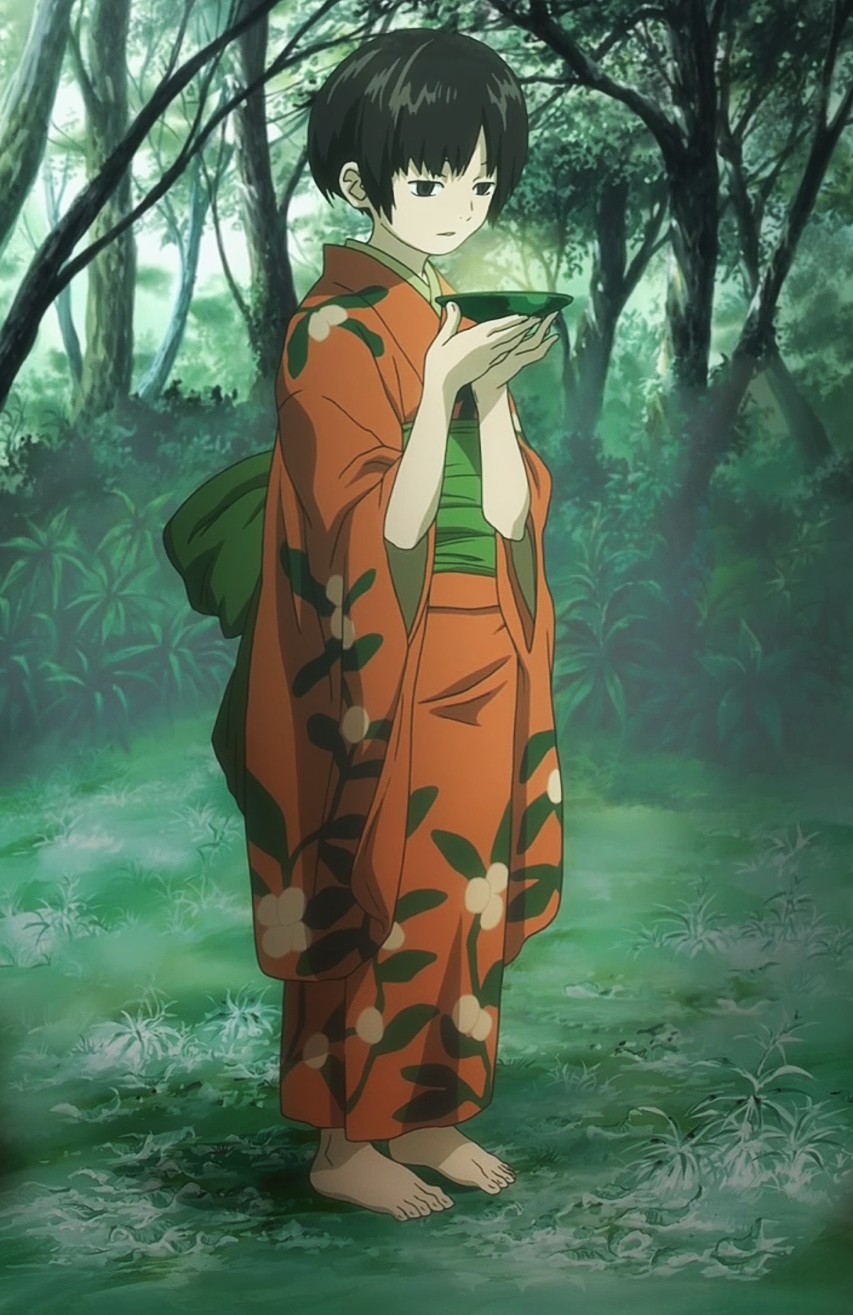 renzu (mushishi), mushishi, anime screenshot, highres, 1girl, barefoot, black hair, cup, female focus, forest, japanese clothes, kimono, nature, sakazuki, short hair, solo