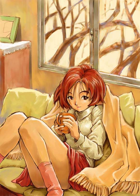 tagme, 1girl, blanket, cup, female focus, legs, red hair, solo