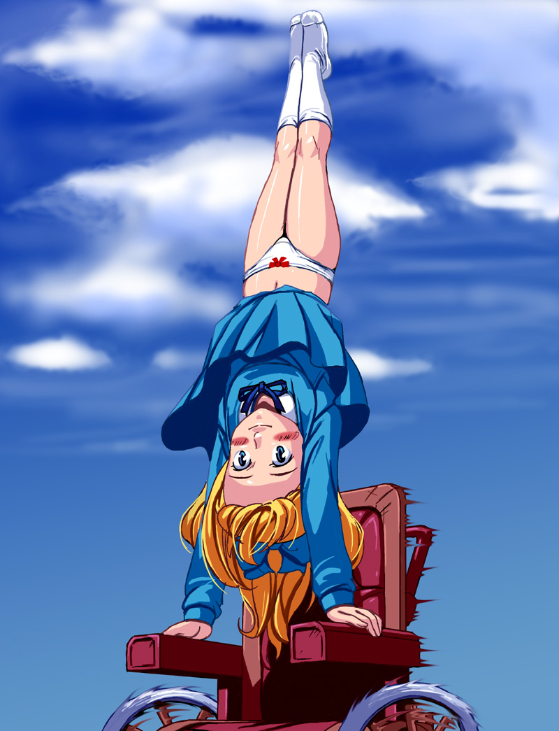 kouno (masao), klara sesemann, alps no shoujo heidi, world masterpiece theater, bad id, bad pixiv id, 1970s (style), 1girl, blonde hair, blue bow, blue dress, blue eyes, blush, bow, cloud, dress, feet, female focus, full body, hair bow, handstand, legs, oldschool, outdoors, panties, parody, retro artstyle, skirt, skirt flip, sky, socks, solo, underwear, upside-down, upskirt, what, wheelchair, white panties