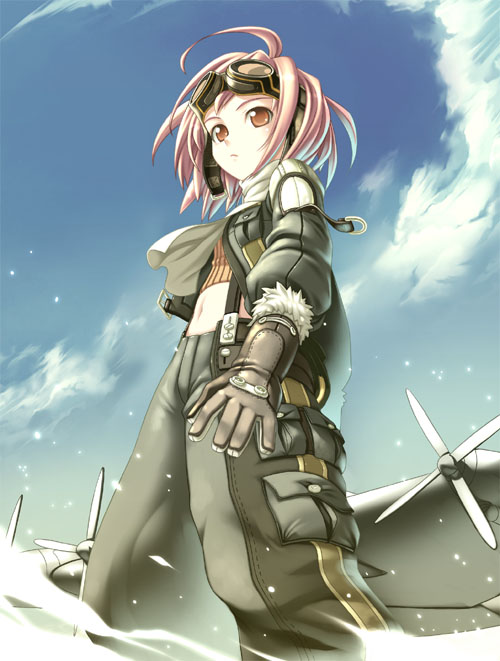 kimura daisuke, bad id, bad pixiv id, 1girl, aircraft, airplane, cloud, day, female focus, gloves, goggles, midriff, navel, pilot, pink hair, scarf, short hair, sky, solo
