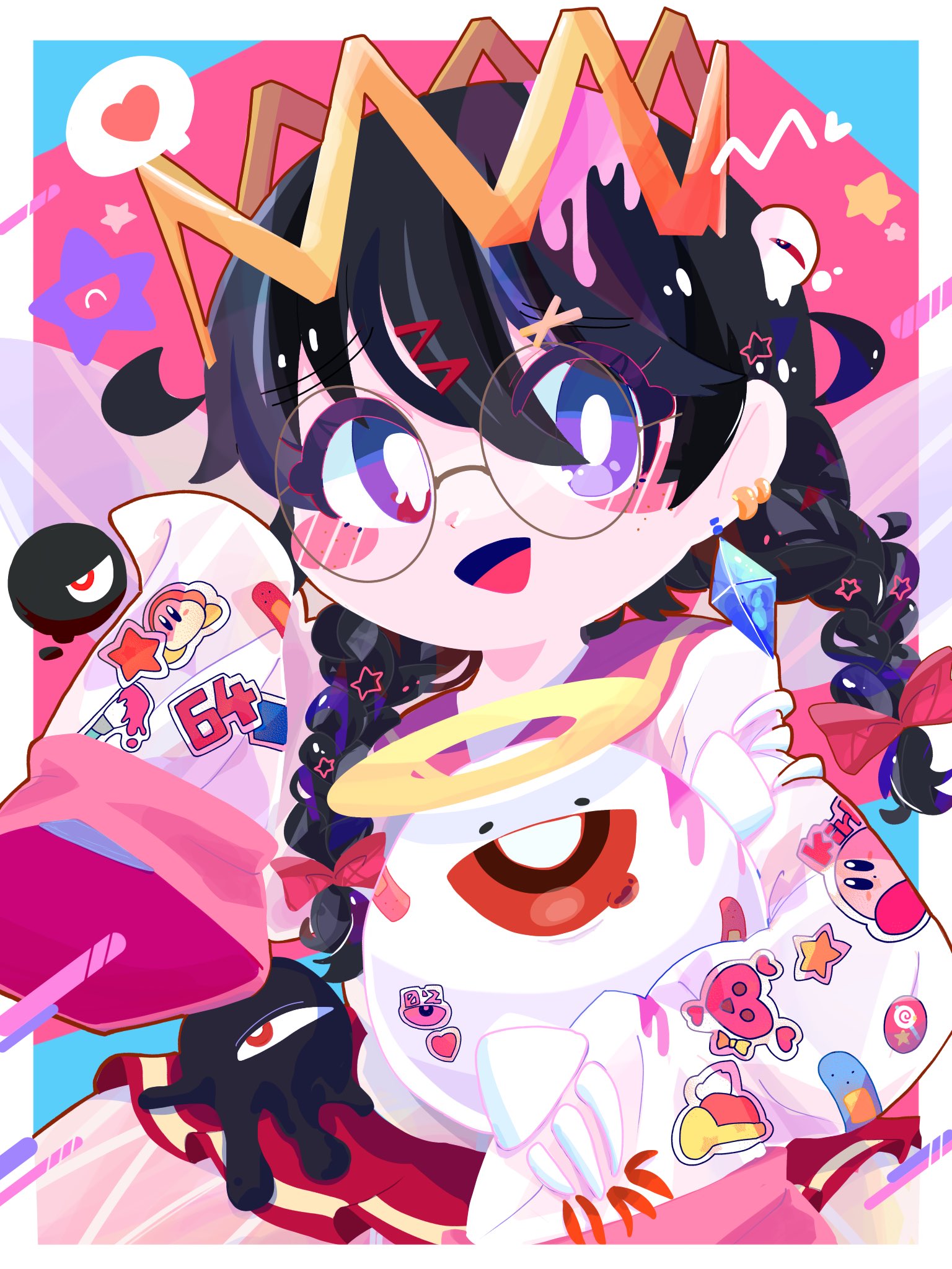 omame sakana, dark matter (kirby), dark nebula, n-z, ripple star queen, zero two (kirby), kirby (series), kirby 64, nintendo, highres, 1girl, black hair, bow, braid, crown, earrings, glasses, hair bow, heart, jewelry, low twin braids, one-eyed, open mouth, pink bow, purple eyes, red eyes, ripple star, sleeves past fingers, sleeves past wrists, smile, star (symbol), sticker, sticker on clothes, twin braids