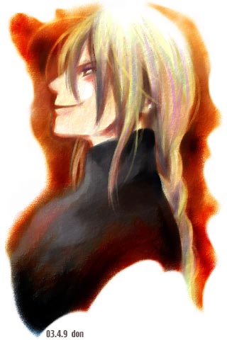yuber (suikoden), gensou suikoden, gensou suikoden iii, lowres, 1boy, closed mouth, evil smile, from side, lips, male focus, profile, shaded face, smile, smirk, solo