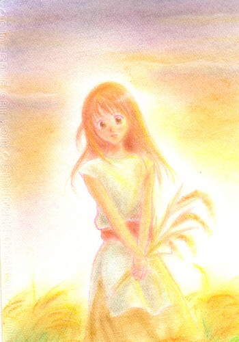 lowres, tagme, traditional media, cereal, long hair, pastels, solo, sunset