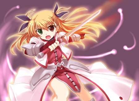 kusakami akira, laevatein (nanoha), signum, vivio, lyrical nanoha, mahou shoujo lyrical nanoha, mahou shoujo lyrical nanoha strikers, lowres, blonde hair, cosplay, heterochromia, signum (cosplay), solo, sword, weapon, whip sword