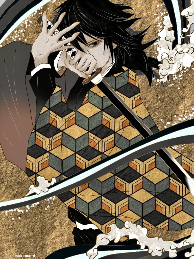 tomioka giyuu, kimetsu no yaiba, 1boy, black hair, black jacket, black pants, blue eyes, demon slayer uniform, half-closed eyes, hands up, haori, holding, holding sword, holding weapon, jacket, japanese clothes, katana, kikkoumon, looking at viewer, low ponytail, male focus, momokuma dp, pants, ponytail, print haori, red haori, solo, spiked hair, sword, water, weapon
