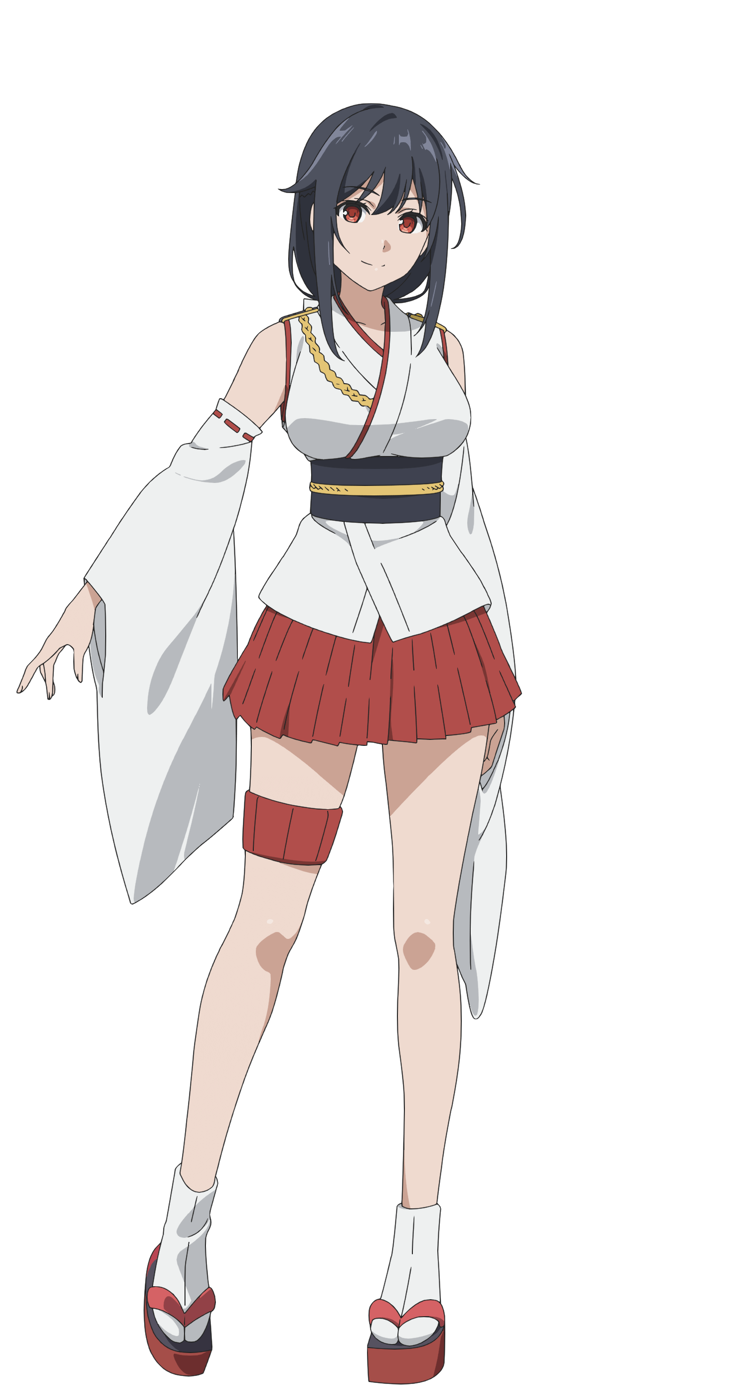 noumi chika, yamashiro (kancolle), kantai collection, kantai collection (anime), absurdres, highres, official art, 1girl, anime coloring, bare shoulders, black hair, breasts, closed mouth, detached sleeves, full body, geta, hair ribbon, japanese clothes, kimono, large breasts, long hair, looking at viewer, low ponytail, miniskirt, obi, open hand, outstretched arm, pleated skirt, ponytail, red eyes, red skirt, ribbon, sash, sidelocks, simple background, skirt, smile, socks, solo, standing, thigh strap, thighs, transparent background, white kimono, white ribbon, white socks, wide sleeves