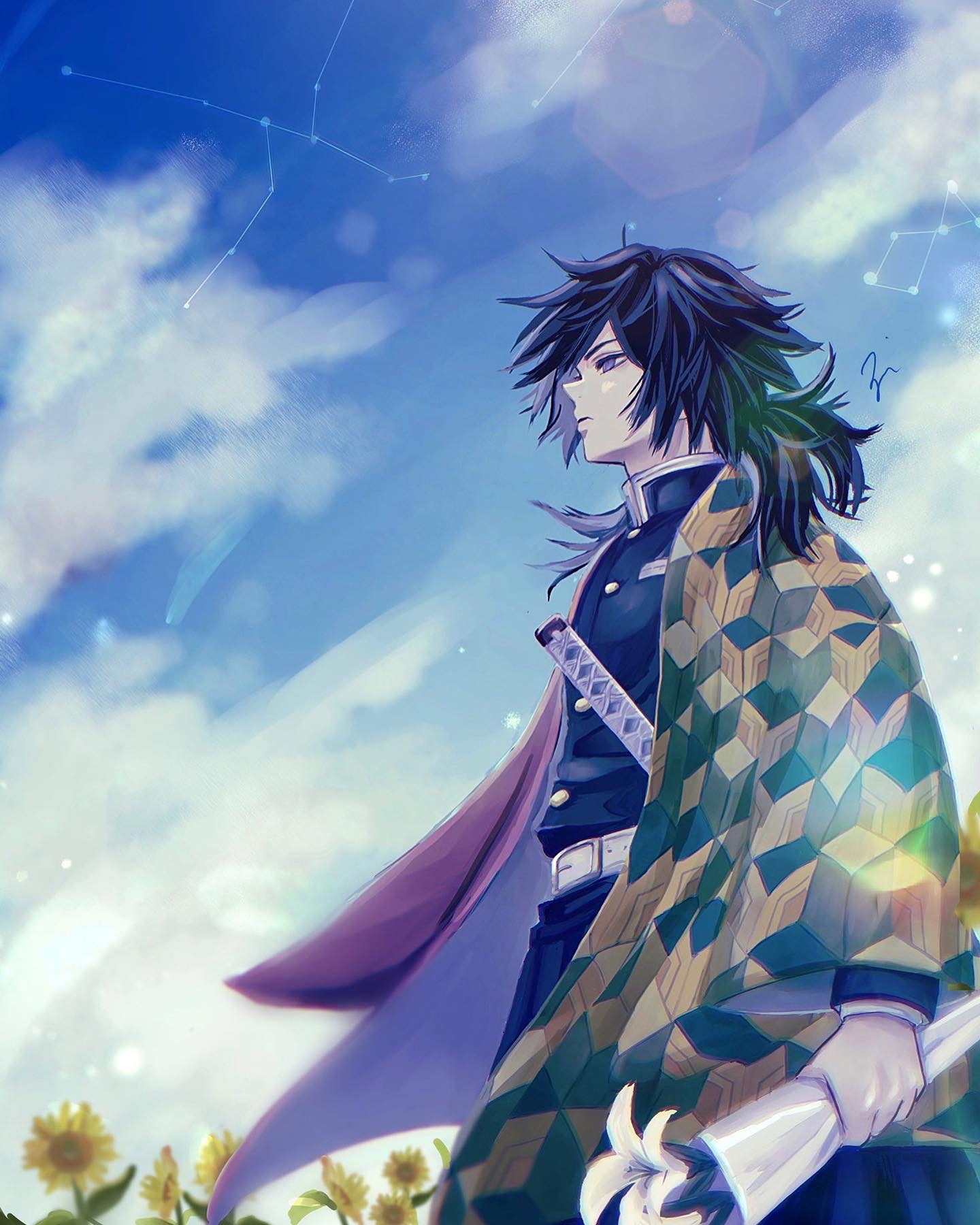 zir link, tomioka giyuu, kimetsu no yaiba, highres, 1boy, belt, black hair, black jacket, black pants, bouquet, buttons, cloud, cloudy sky, demon slayer uniform, empty eyes, field, flower, flower field, haori, holding, holding bouquet, jacket, japanese clothes, katana, kikkoumon, low ponytail, male focus, pants, ponytail, print haori, red haori, sky, solo, spiked hair, standing, sunflower, sword, weapon, white belt