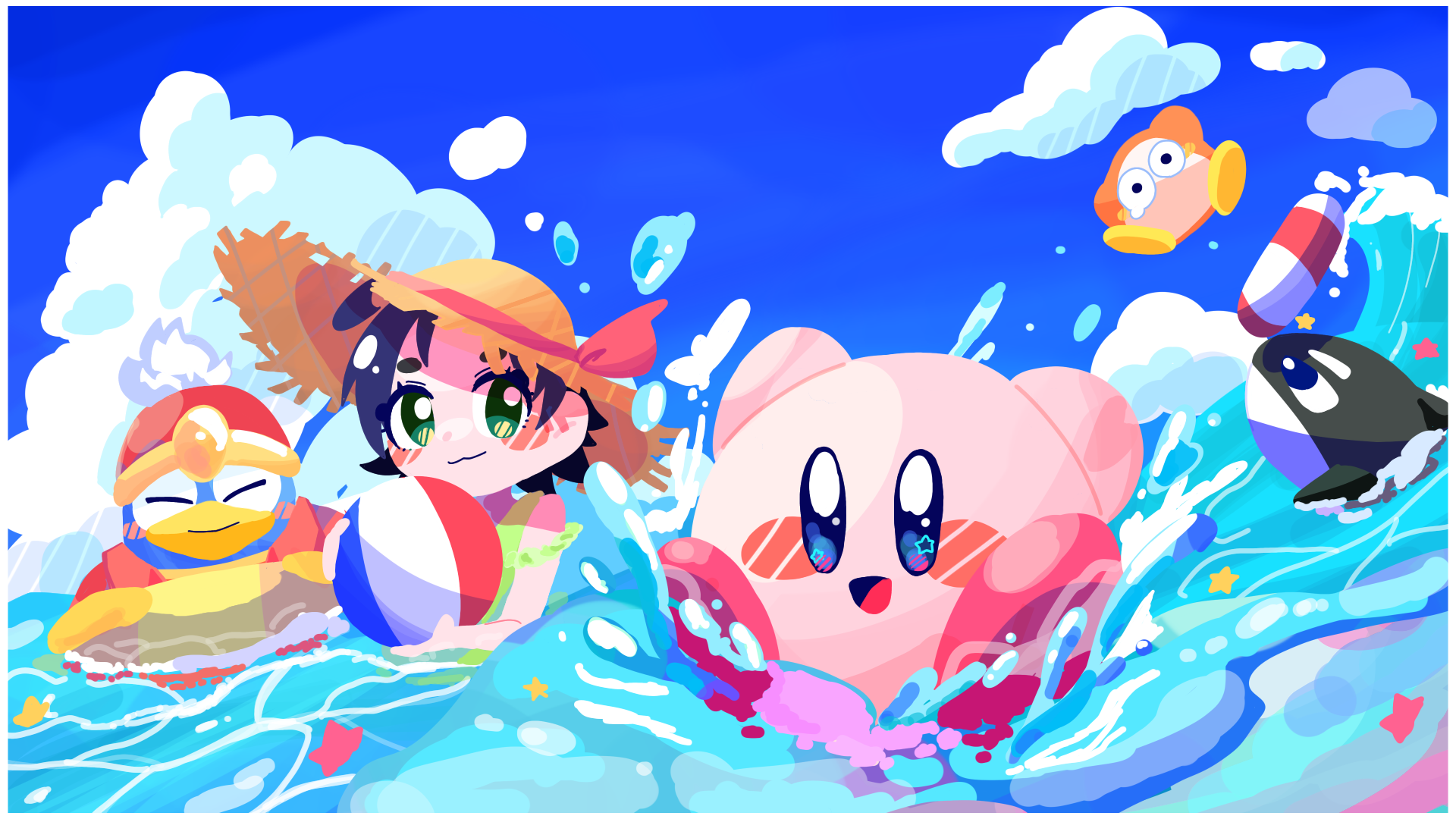 omame sakana, acro (kirby), adeleine, king dedede, kirby, waddle dee, kirby (series), kirby 64, nintendo, highres, 1girl, ball, beachball, blue sky, cloud, colored skin, green eyes, hat, lifebuoy, ocean, pink skin, red hat, sky, smile, straw hat, swim ring, water