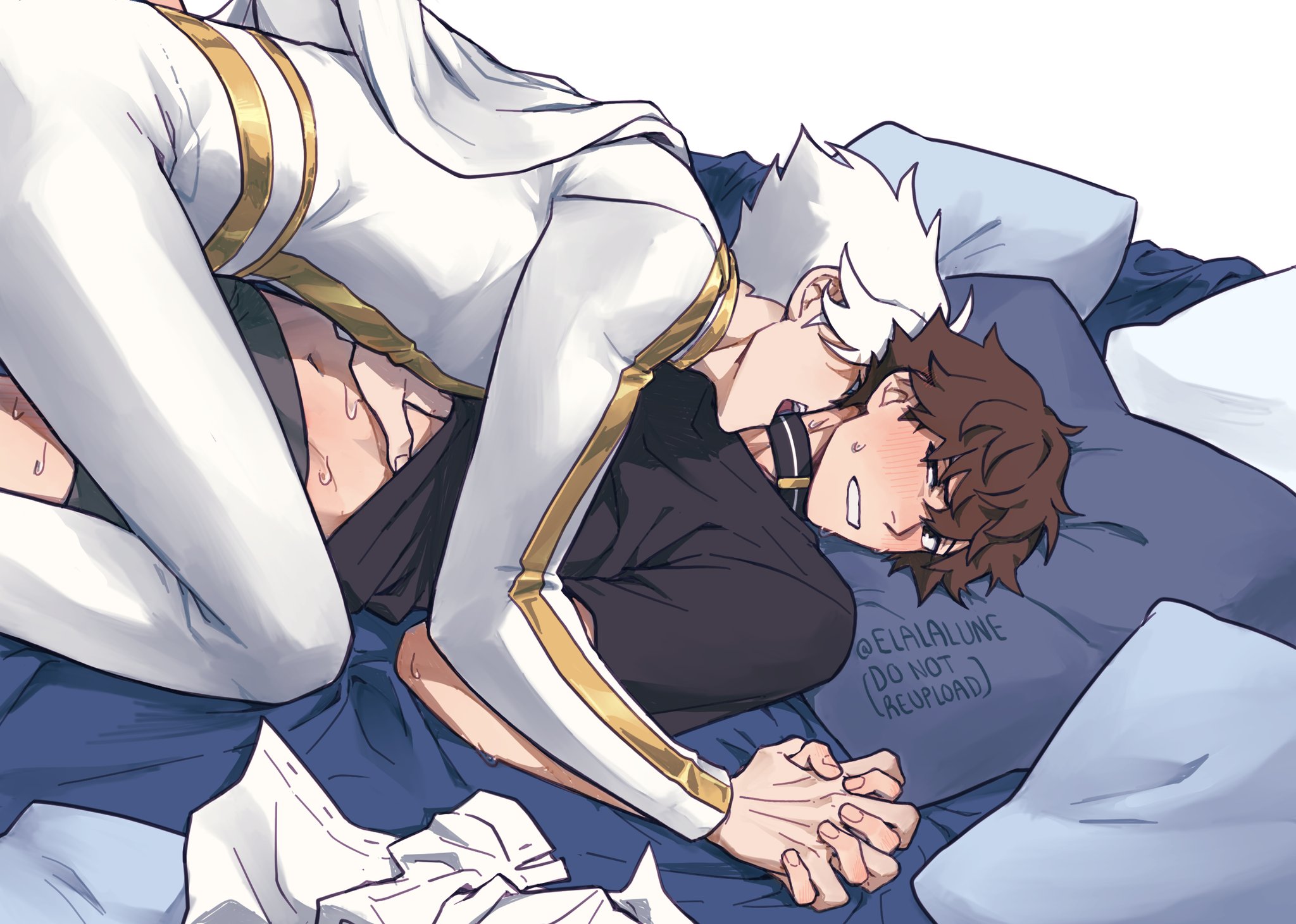 elalalune, lin ling (to be hero x), nice (to be hero x), to be hero, to be hero x, highres, 2boys, bed, biting, black eyes, black male underwear, black shirt, blush, bodysuit, boy on top, brown hair, cape, clenched teeth, clothes pull, collar, feet out of frame, groping, holding hands, looking at another, lying, male focus, male underwear, messy hair, multiple boys, neck biting, no pants, omegaverse, on back, pillow, sexually suggestive, shirt, shirt pull, short hair, sweat, teeth, toned, toned male, underwear, unworn clothes, white bodysuit, white cape, white hair, yaoi