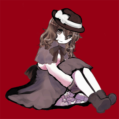 hatomugi munmun, usami renko, ghostly field club, touhou, lowres, 1girl, bow, brown eyes, brown hair, dress, female focus, hat, hugging own legs, sitting, solo, syoujyo-zukin