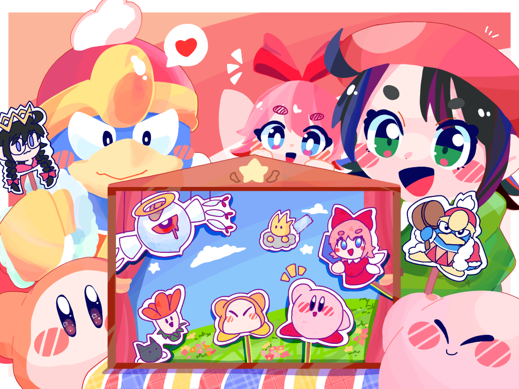 omame sakana, adeleine, flora (kirby), king dedede, kirby, n-z, ribbon (kirby), ripple star queen, waddle dee, zero two (kirby), zoos (kirby), kirby (series), kirby 64, nintendo, 2girls, beret, blue eyes, bow, closed eyes, green eyes, hair bow, hat, heart, multiple girls, one-eyed, open mouth, pink hair, red bow, red eyes, red hat, smile
