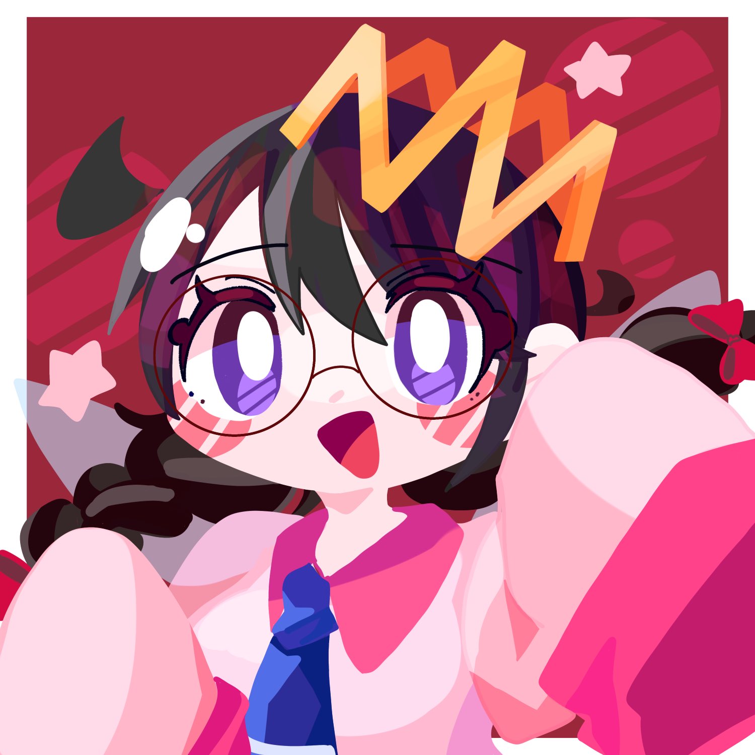 omame sakana, ripple star queen, kirby (series), kirby 64, nintendo, highres, 1girl, black hair, bow, braid, crown, fairy, fairy wings, hair bow, long hair, low twin braids, open mouth, purple eyes, red bow, sleeves past fingers, sleeves past wrists, smile, star (symbol), twin braids, wings