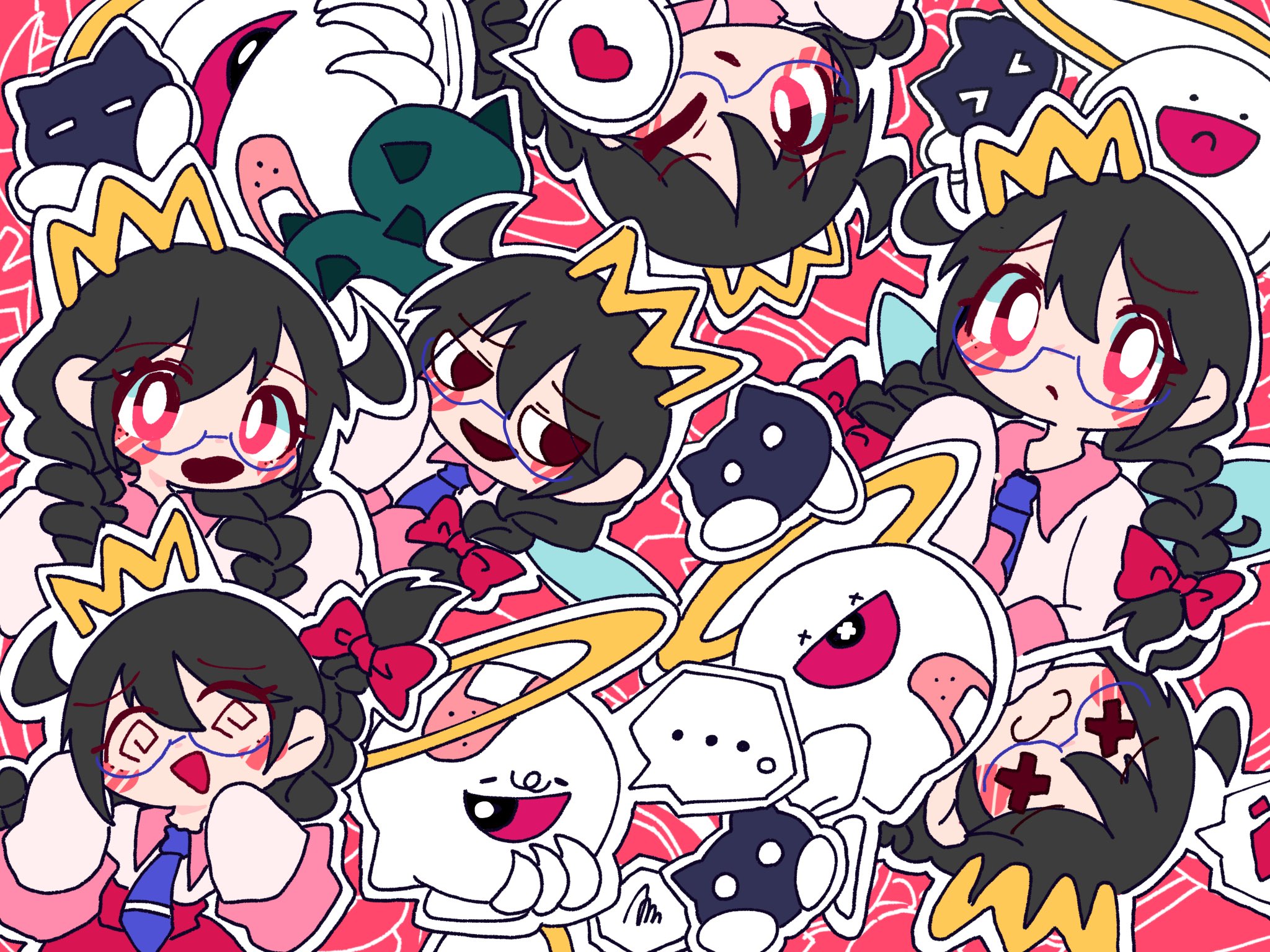 omame sakana, n-z, ripple star queen, zero two (kirby), kirby (series), kirby 64, nintendo, highres, …, 1girl, bandaid, black hair, bow, crown, fairy, fairy wings, hair bow, halo, heart, long hair, multiple views, one-eyed, red bow, red eyes, wings