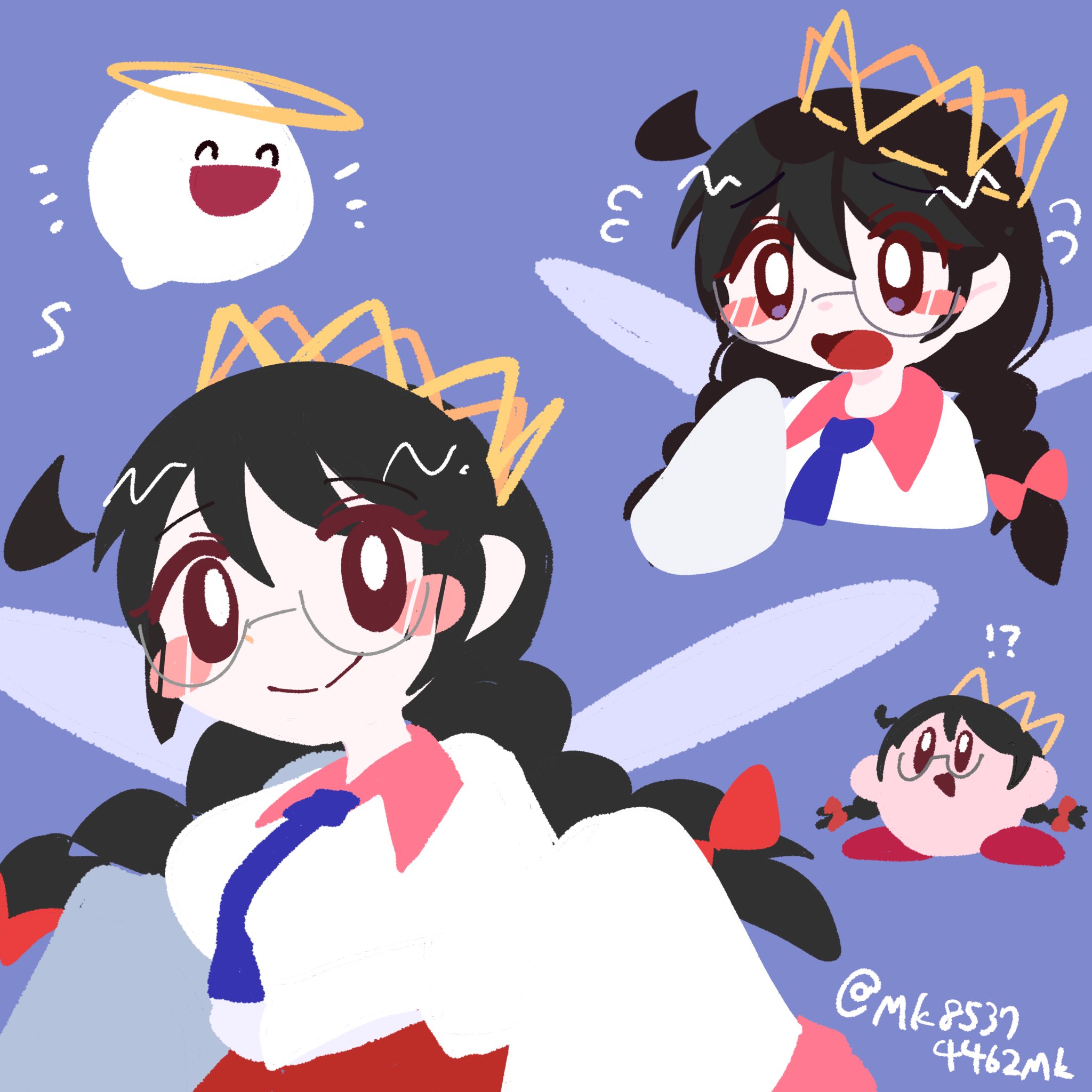 omame sakana, kirby, ripple star queen, zero two (kirby), kirby (series), nintendo, highres, 1girl, artist name, black hair, bow, braid, crown, fairy, fairy wings, glasses, hair bow, long hair, low twin braids, multiple views, necktie, open mouth, purple background, red bow, simple background, sleeves past fingers, sleeves past wrists, smile, twin braids, wings