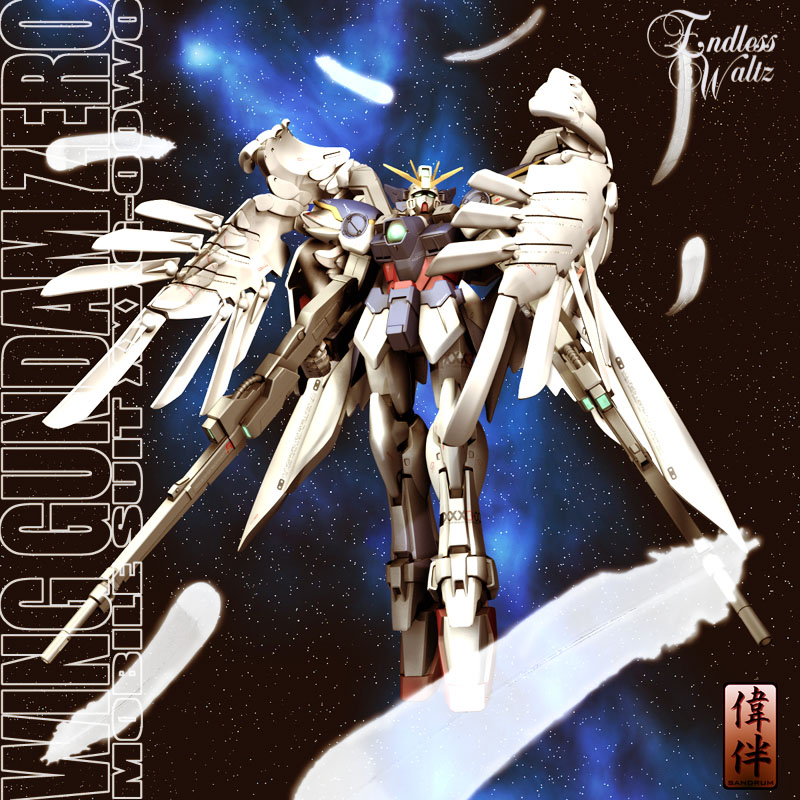 sandrum, wing gundam zero custom, gundam, gundam wing, gundam wing: endless waltz, 1990s (style), 3d, beam rifle, energy gun, feathers, gun, mecha, no humans, retro artstyle, robot, space, weapon, wing zero gundam custom, wings