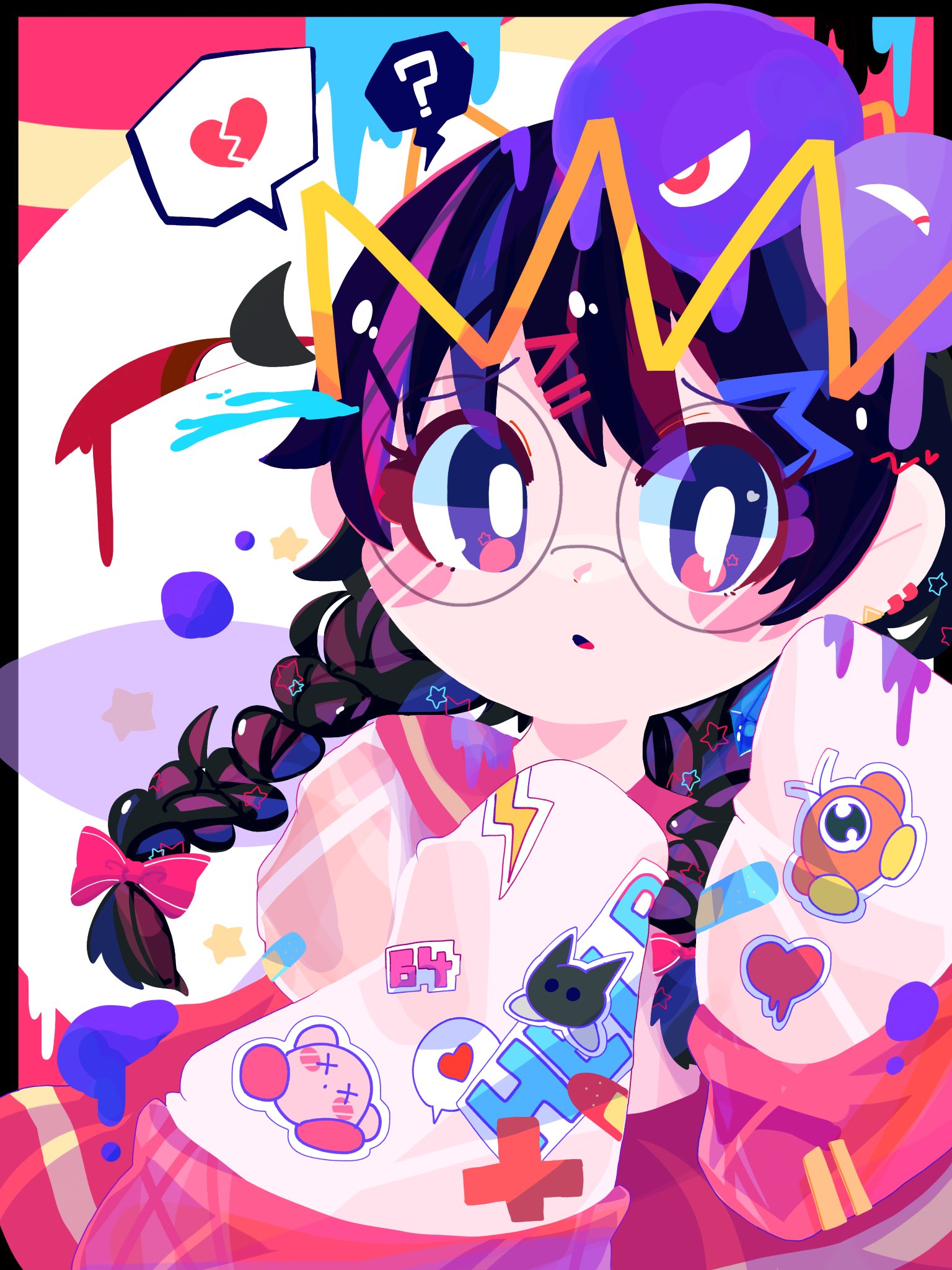 omame sakana, dark matter (kirby), kirby, n-z, ripple star queen, waddle doo, zero two (kirby), kirby (series), kirby 64, nintendo, highres, 1girl, black hair, bow, braid, crown, hair bow, long hair, looking at viewer, low twin braids, one-eyed, red bow, sleeves past fingers, sleeves past wrists, spoken broken heart, twin braids
