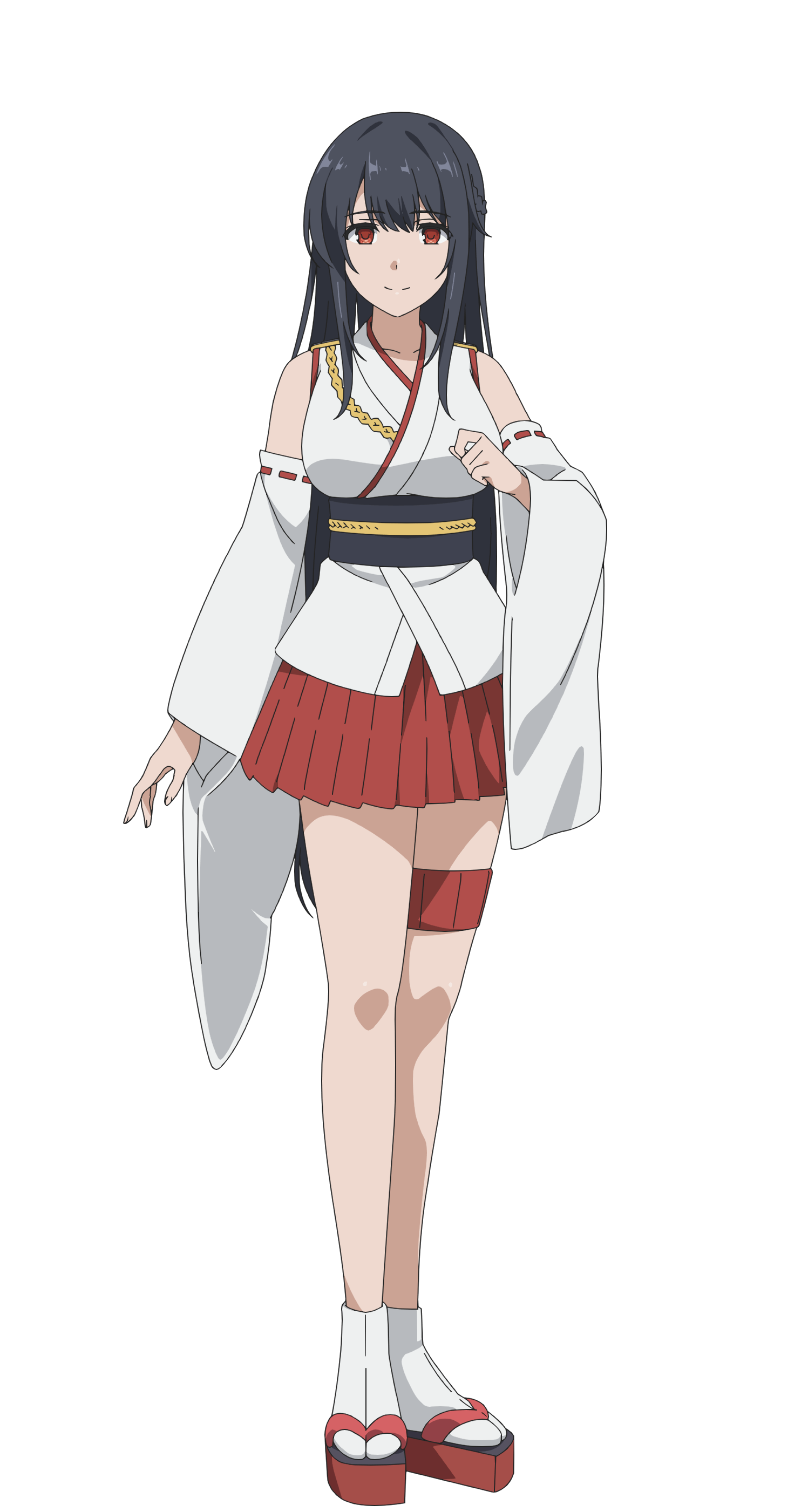 noumi chika, fusou (kancolle), kantai collection, kantai collection (anime), absurdres, highres, official art, 1girl, anime coloring, bare shoulders, black hair, breasts, clenched hand, detached sleeves, full body, geta, hand up, japanese clothes, kimono, large breasts, long hair, looking at viewer, miniskirt, obi, open hand, pleated skirt, red eyes, red skirt, sash, sidelocks, simple background, skirt, smile, socks, solo, standing, thigh strap, thighs, transparent background, white kimono, white socks, wide sleeves