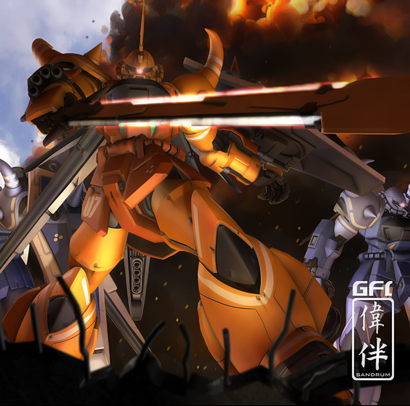 sandrum, gouf, gouf ignited, gundam, gundam seed, gundam seed destiny, 00s, 3d, beam sword (gundam), embers, mecha, no humans, outdoors, robot, smoke, sword, tempest beam sword, weapon