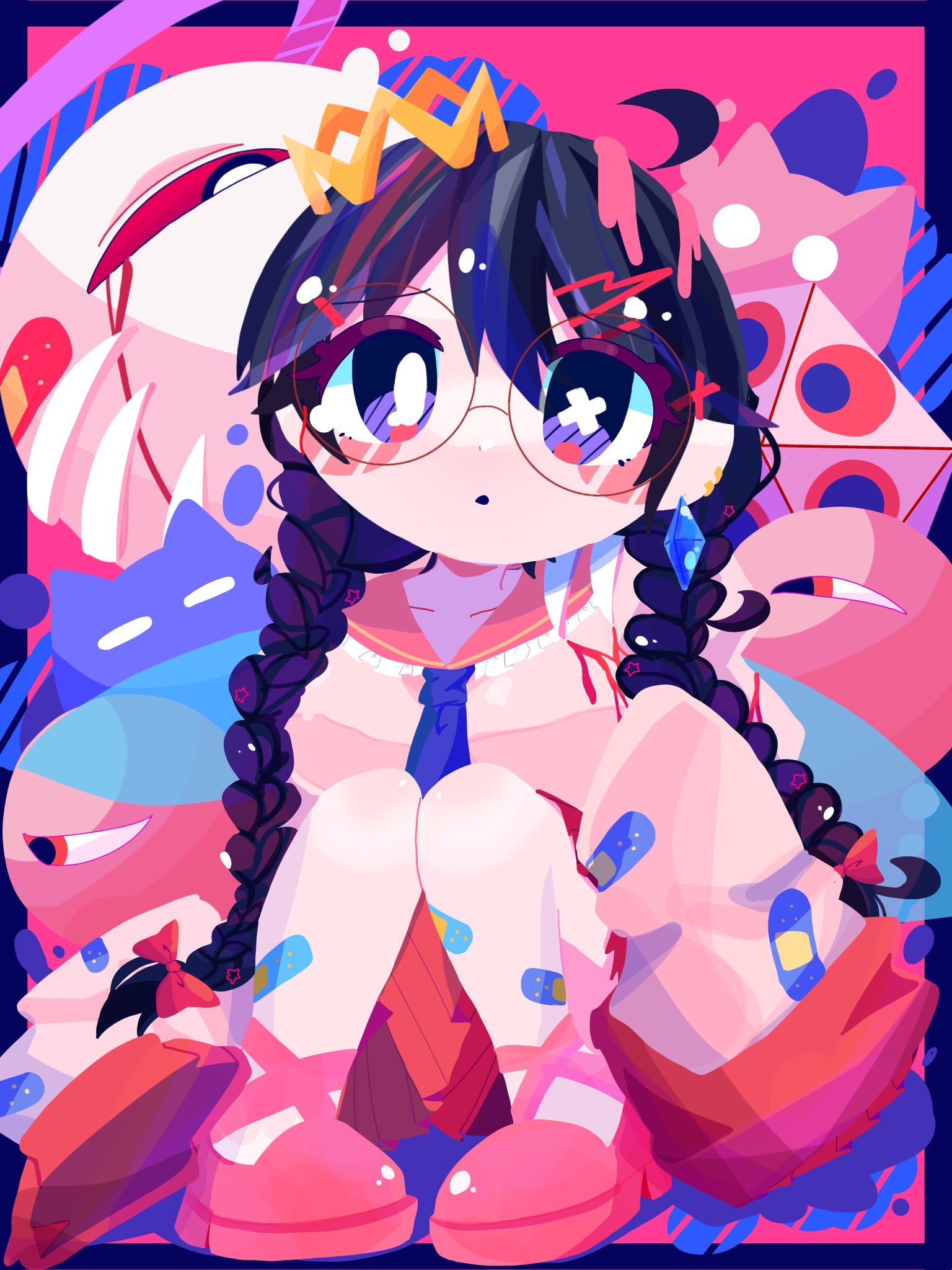 omame sakana, dark matter (kirby), miracle matter, n-z, ripple star queen, zero two (kirby), kirby (series), kirby 64, nintendo, highres, 1girl, bandaid, black hair, bleeding, blood, braid, crown, extra eyes, long hair, looking at viewer, low twin braids, one-eyed, pink shoes, purple eyes, red eyes, shoes, sitting, sleeves past fingers, sleeves past wrists, twin braids