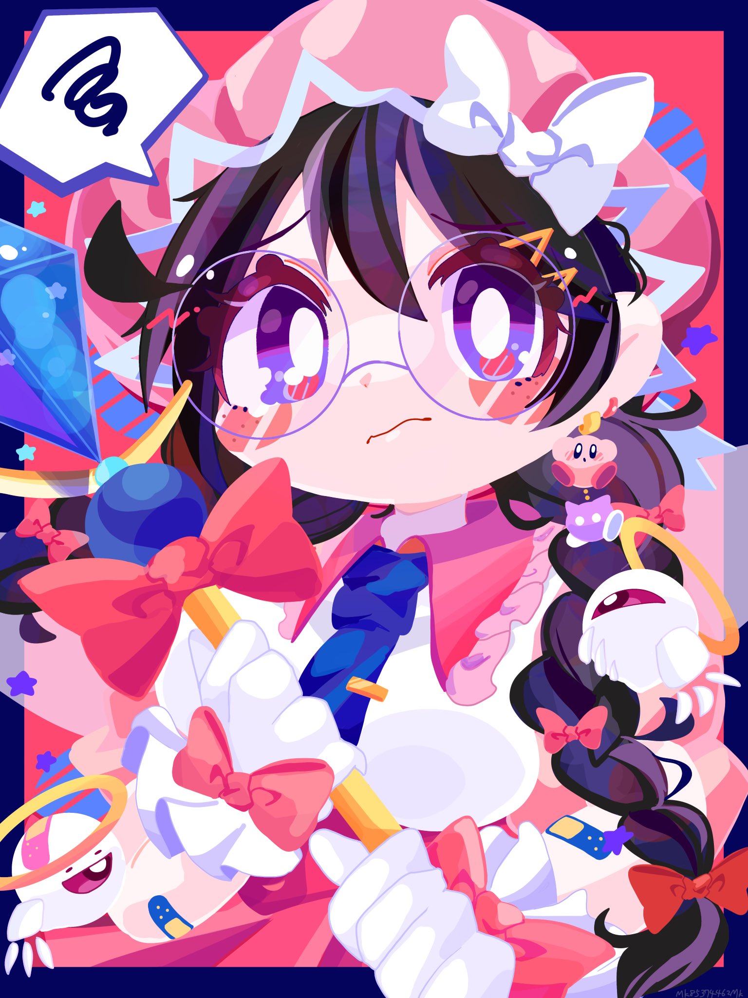 omame sakana, kirby, n-z, ripple star queen, zero two (kirby), kirby (series), kirby 64, nintendo, highres, 1girl, black hair, bow, braid, crystal, glasses, gloves, hair bow, halo, holding, holding staff, long hair, low twin braids, one-eyed, pink bow, purple eyes, red eyes, staff, twin braids, white bow, white gloves