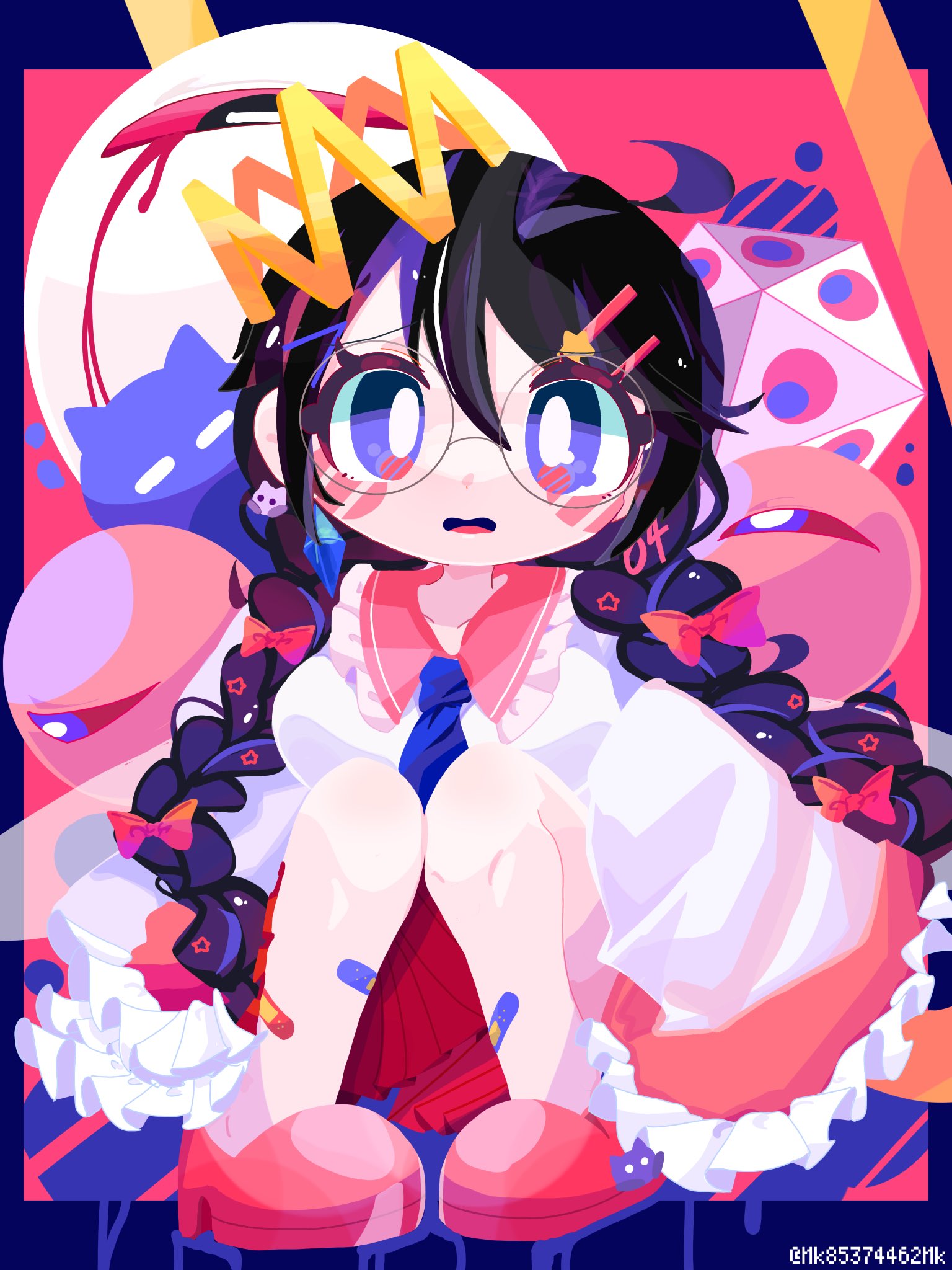 omame sakana, dark matter (kirby), miracle matter, n-z, ripple star queen, zero two (kirby), kirby (series), kirby 64, nintendo, highres, 1girl, artist name, bleeding, blood, bow, braid, crown, fairy, fairy wings, glasses, hair bow, hair ornament, hairclip, low twin braids, one-eyed, pink shoes, purple eyes, red bow, shoes, sitting, sleeves past fingers, sleeves past wrists, twin braids, wings
