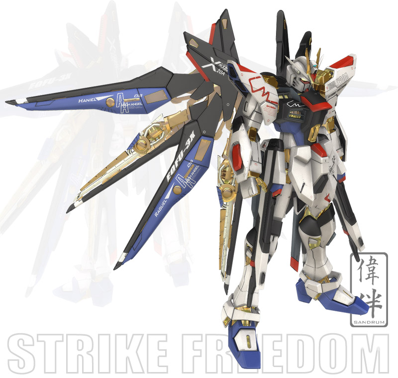 sandrum, strike freedom gundam, gundam, gundam seed, gundam seed destiny, 00s, 3d, armor, helmet, machinery, mecha, mecha focus, no humans, robot, strike freedom gundam modificata, weapon