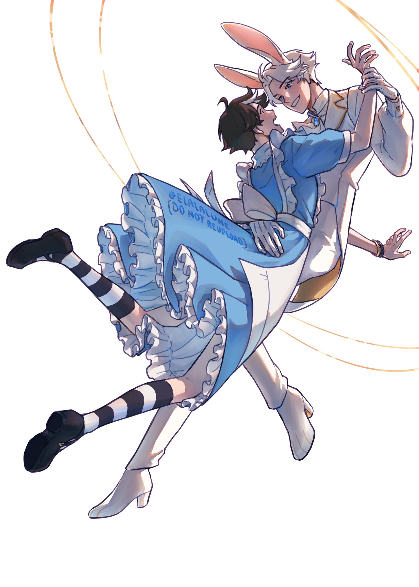 elalalune, lin ling (to be hero x), nice (to be hero x), alice's adventures in wonderland, to be hero, to be hero x, highres, 2boys, :d, ahoge, alternate costume, animal ears, apron, black slippers, blue dress, blue eyes, bracelet, brooch, brown hair, coat, collared shirt, crossover, dress, falling, frilled dress, frills, full body, gloves, hand on another's back, high heels, holding another's wrist, horizontal-striped socks, jewelry, kemonomimi mode, looking at another, multiple boys, open mouth, outstretched arms, rabbit ears, shirt, short hair, slippers, smile, tailcoat, vest, white apron, white coat, white gloves, white hair, white shirt, white vest