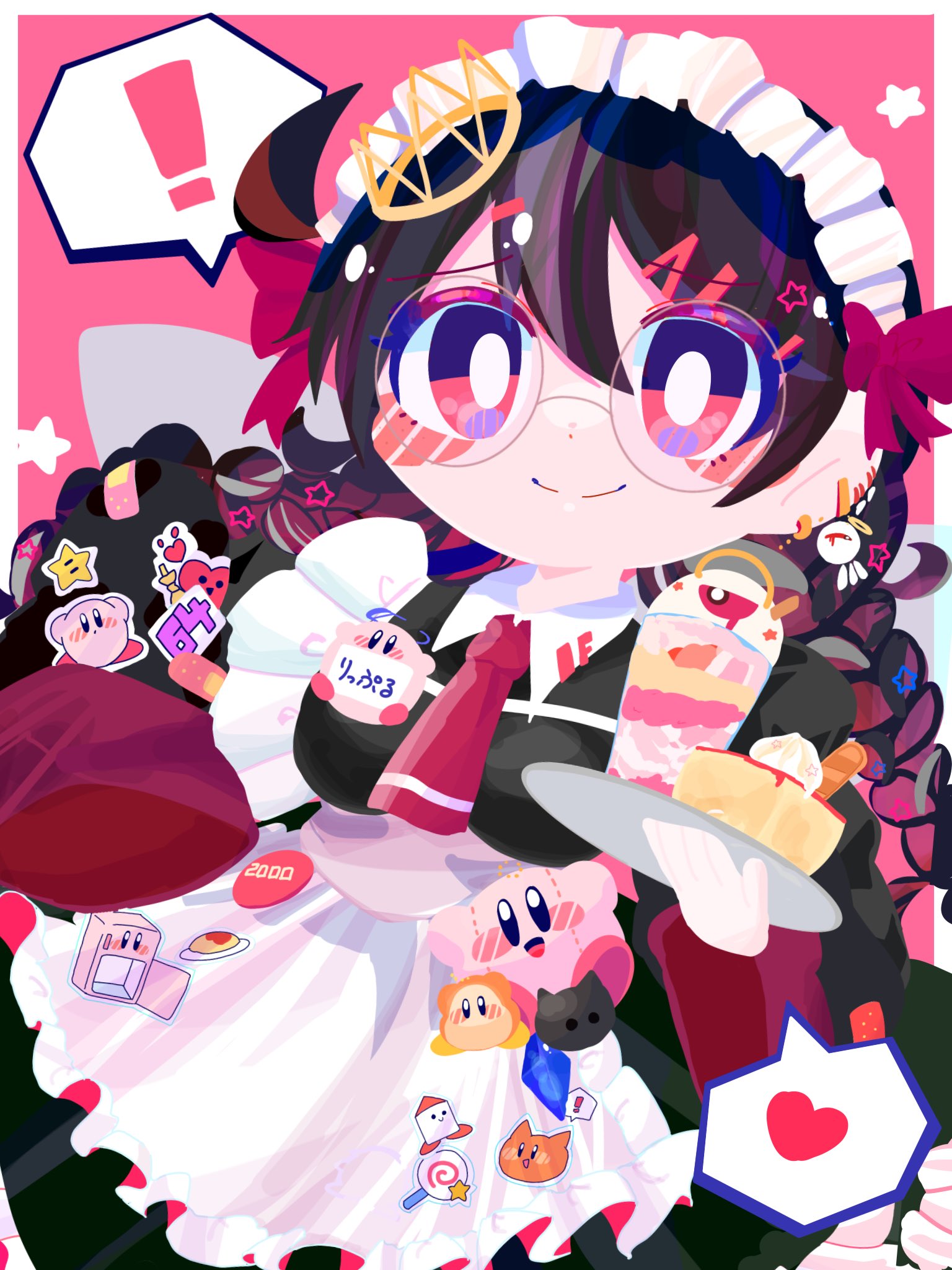 omame sakana, kirby, n-z, ripple star queen, scarfy, skud (kirby), waddle dee, zero two (kirby), kirby (series), kirby 64, nintendo, highres, !, 1girl, apron, black hair, bow, fairy, fairy wings, glasses, heart, invincible candy, long hair, maid apron, maid day, maid headdress, pink background, purple eyes, ripple star, smile, star (symbol), sticker, sticker on clothes, stuffed toy, tray, white apron, wings