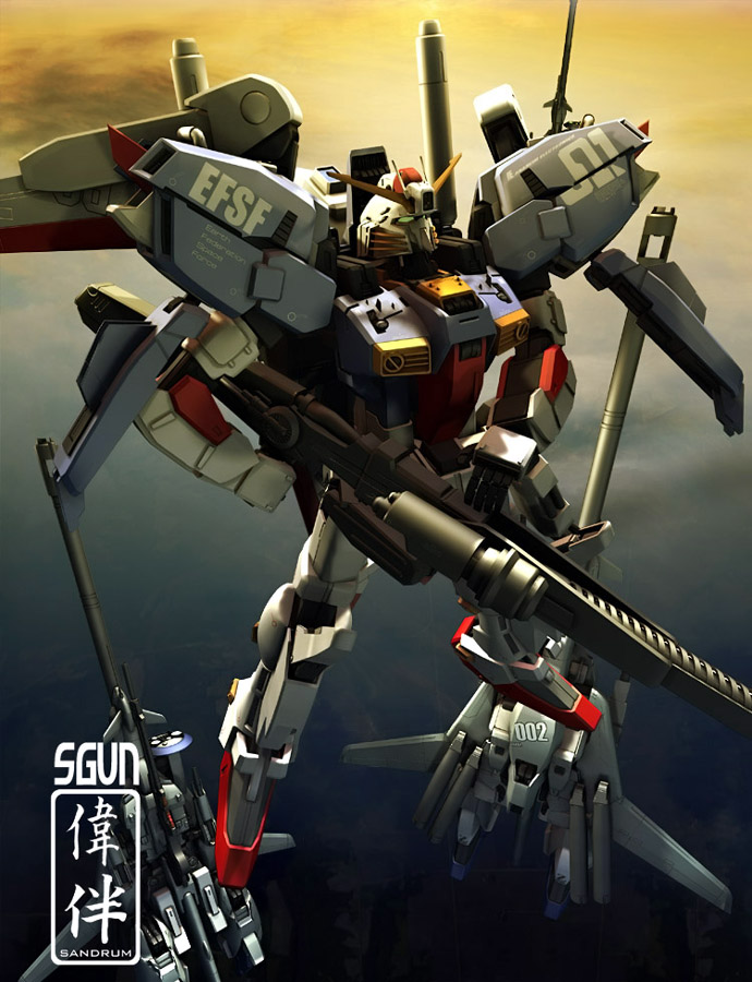 sandrum, s gundam, gundam, gundam sentinel, 3d, beam rifle, cloud, energy gun, gun, mecha, no humans, outdoors, robot, sky, weapon