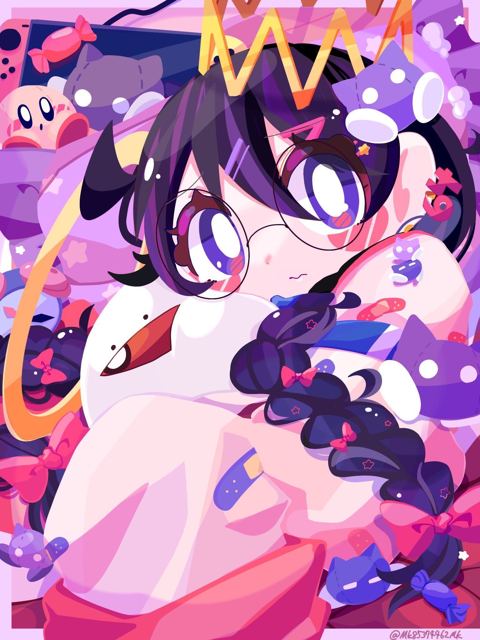 omame sakana, kirby, n-z, ripple star queen, zero two (kirby), kirby (series), kirby 64, nintendo, highres, 1girl, artist name, black hair, bow, braid, crown, earrings, glasses, hair bow, halo, jewelry, long hair, low twin braids, nintendo switch, one-eyed, pink bow, purple eyes, red eyes, sleeves past fingers, sleeves past wrists, stuffed toy, twin braids