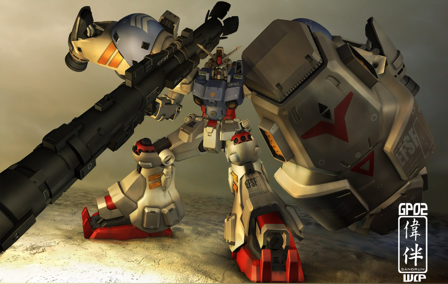 sandrum, gundam gp-02 physalis, gundam gp 02 physalis, gundam, gundam 0083, 1990s (style), 3d, armor, dutch angle, full body, green eyes, gun, huge weapon, looking at viewer, mecha, no humans, realistic, retro artstyle, robot, weapon