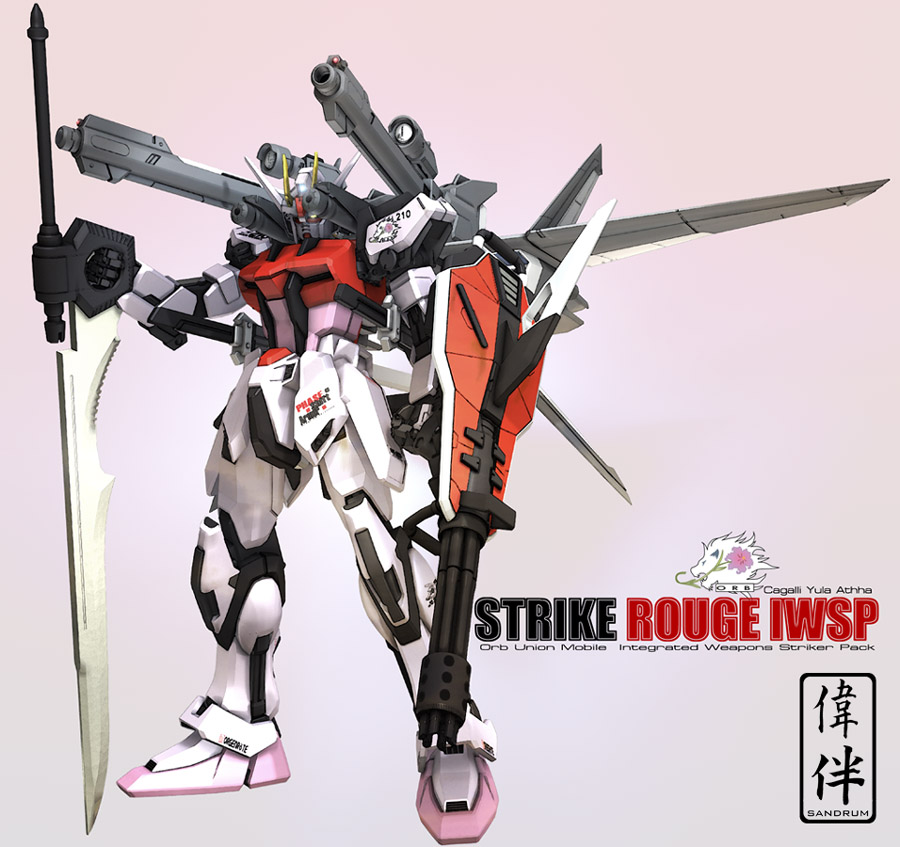 sandrum, strike rouge, gundam, gundam seed, 00s, 3d, armor, artist name, copyright name, full body, gatling gun, glowing, glowing eye, gun, holding, holding sword, holding weapon, looking at viewer, mecha, no humans, pink background, robot, shield, simple background, standing, strike rouge iwsp, sword, weapon, yellow eyes